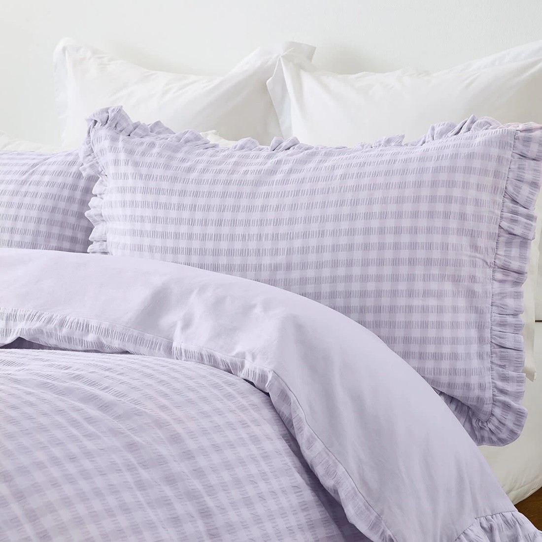 2 Gingham Ruffle Cotton Quilt Cover Set - Double Bed, Lilac, 2 of 6