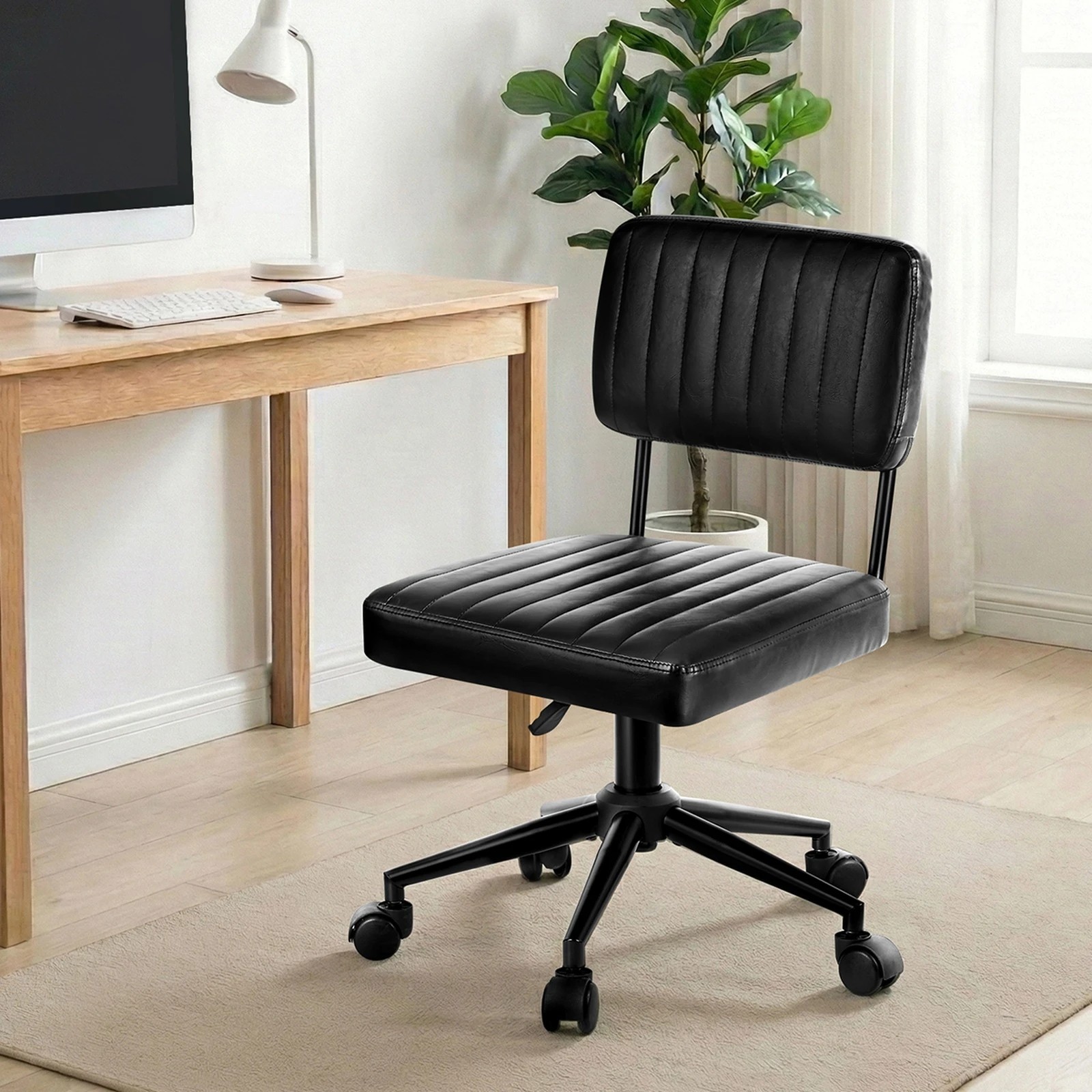 4 Oikiture Mid Back Armless Office Chair Swivel Computer Gaming Seat Leather - Black, 4 of 7