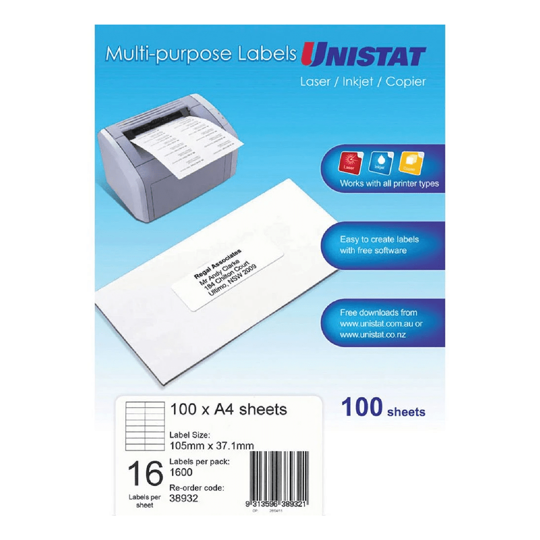 1 Unistat 16UP Inkjet Laser Labels 100 Sheets, 1 of 1