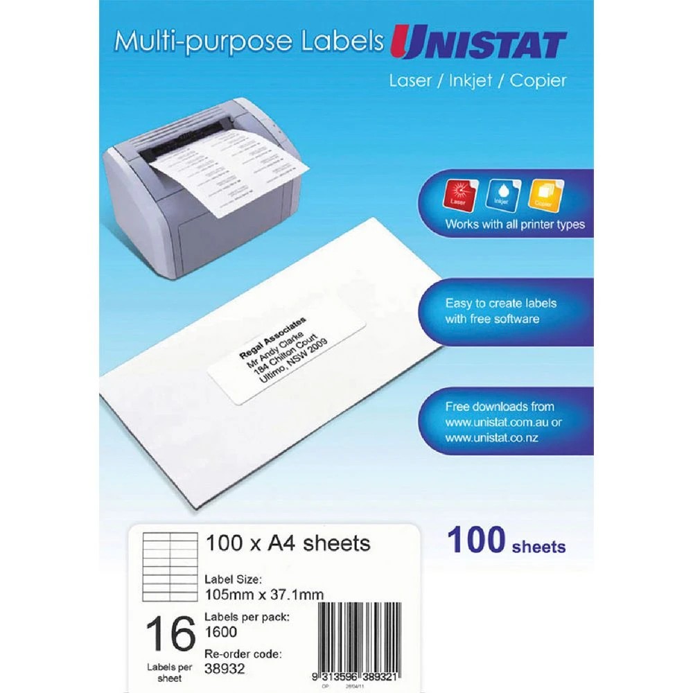 1 Unistat 16UP Inkjet Laser Labels 100 Sheets, 1 of 1