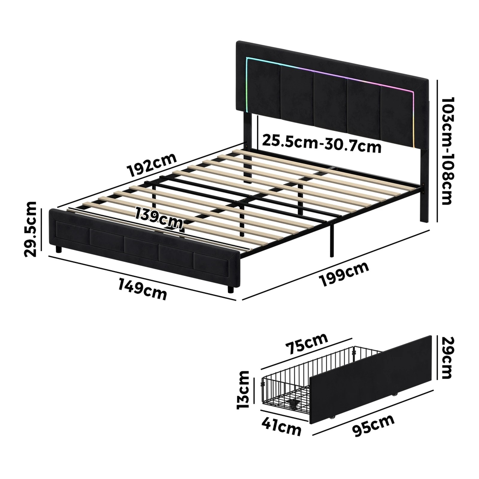 2 Oikiture LED Double Bed Frame With 4 Storage Drawers & Charging Station - Black, 2 of 9