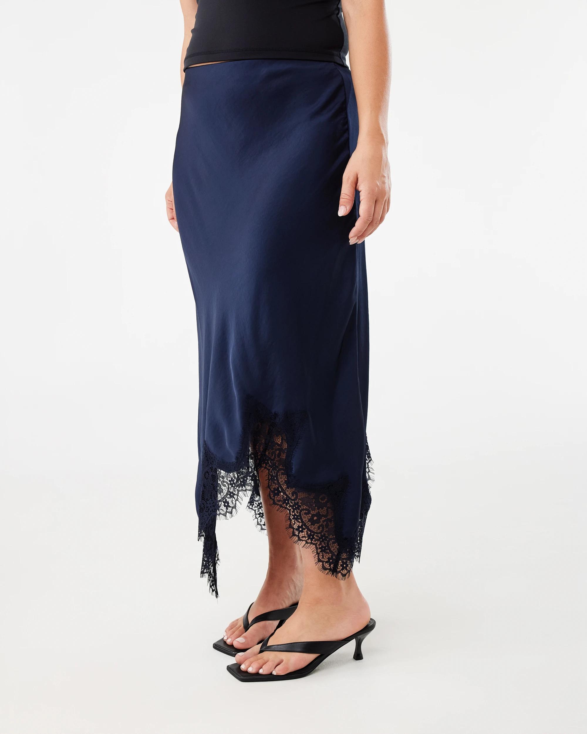 2 Satin Asymmetrical Lace Trim Skirt Navy Blaze, 2 of 4