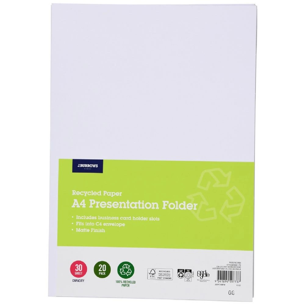 1 J.Burrows A4 Presentation Folder White Matte 20 Pack, 1 of 3