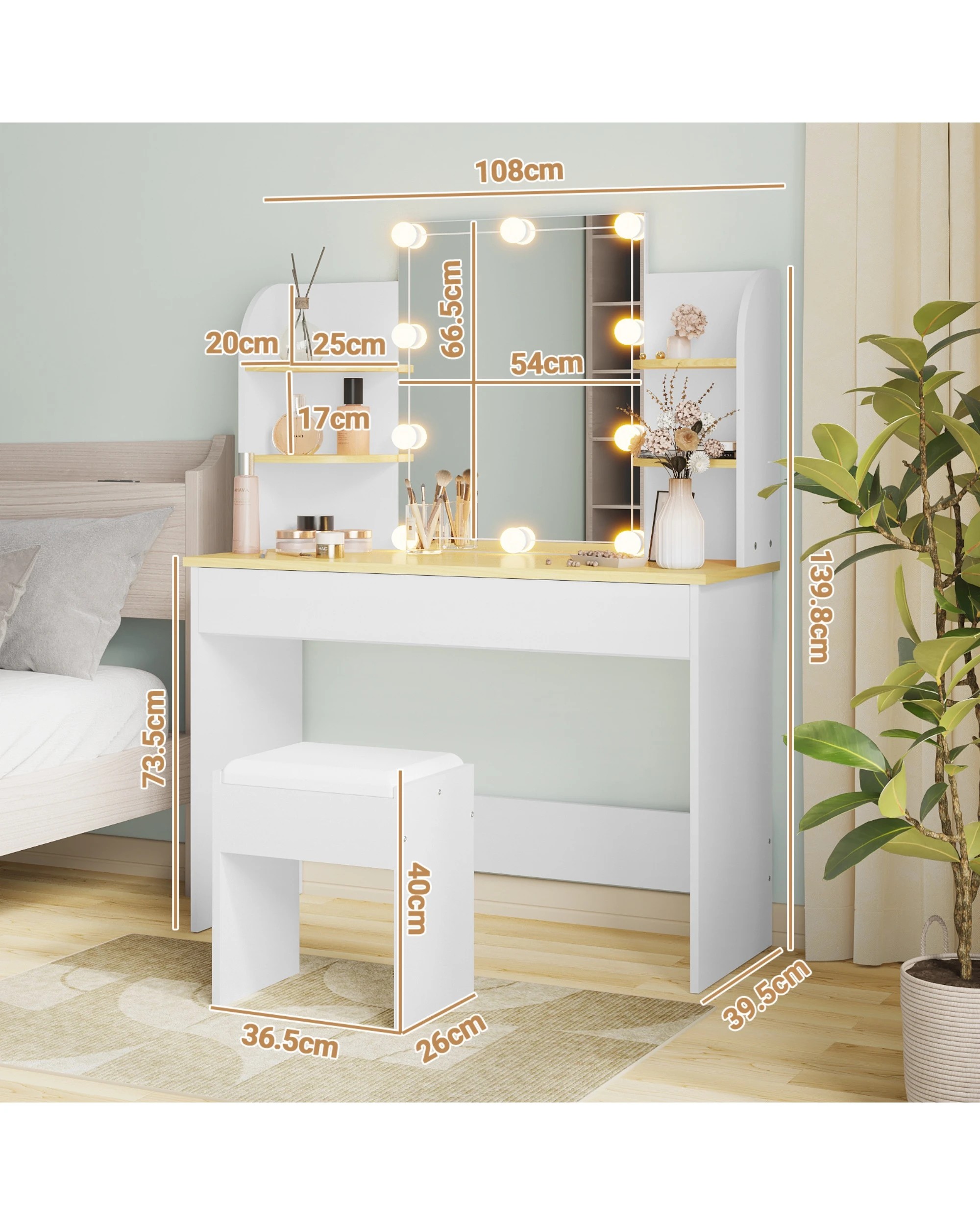 7 Advwin Dressing Table Stool Led Bulbs Makeup Mirror Vanity Desk With Open Shelves And Drawers Dresser - White, 7 of 10