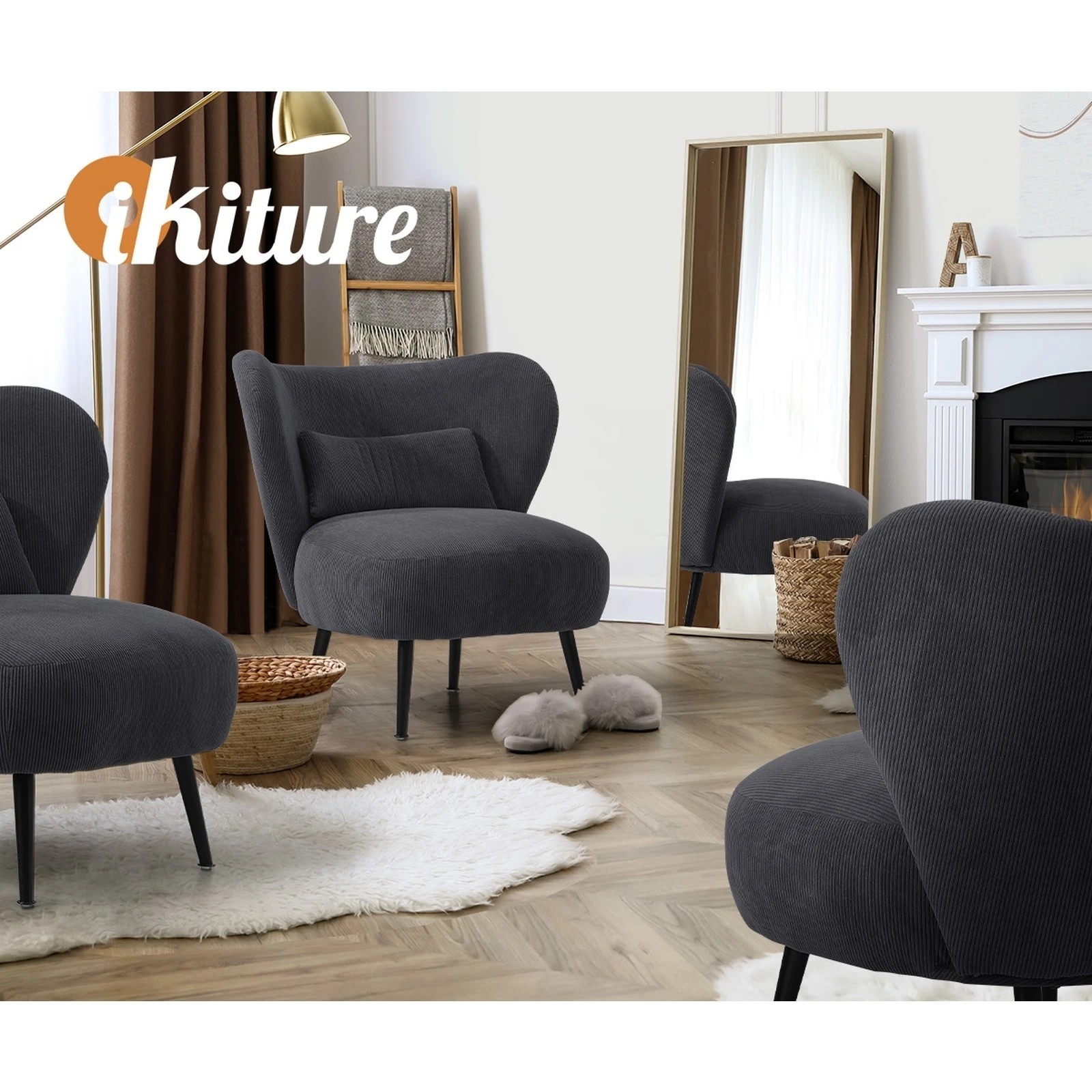 5 Oikiture 2x Armchair Lounge Chair With Lumbar Pillow Wingback Velvet
 - Charcoal, 5 of 10