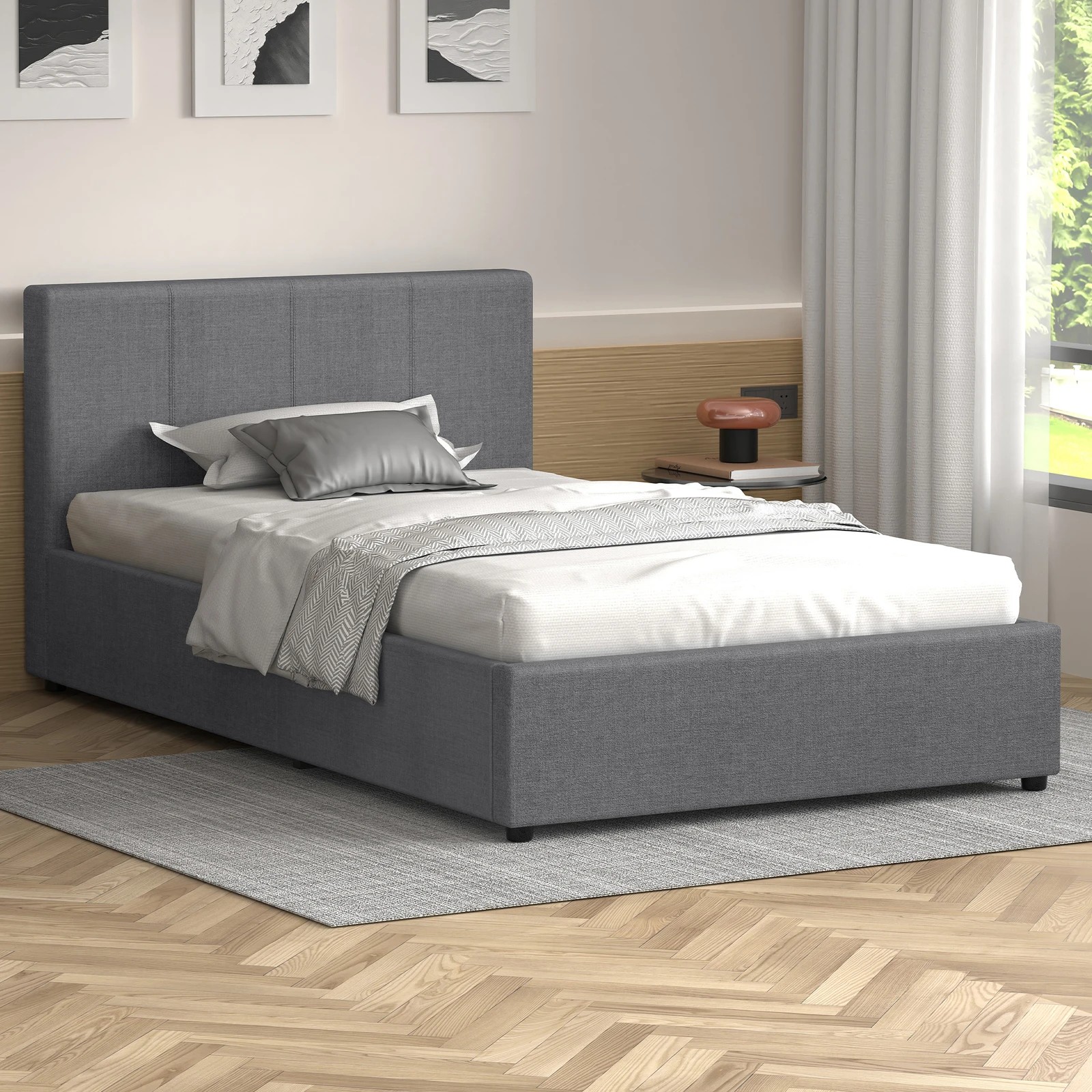 2 Alfordson Bed Frame Single Size Gas Lift Storage Base Fabric Tricia - Grey, 2 of 10