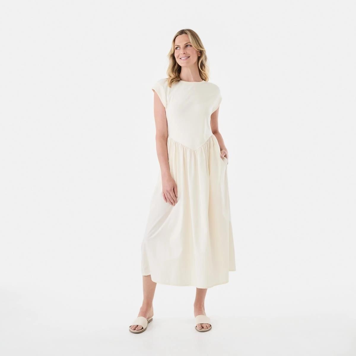 1 Short Sleeve Knit Woven V-Waist T-shirt Midi Dress Bge Cream, 1 of 7