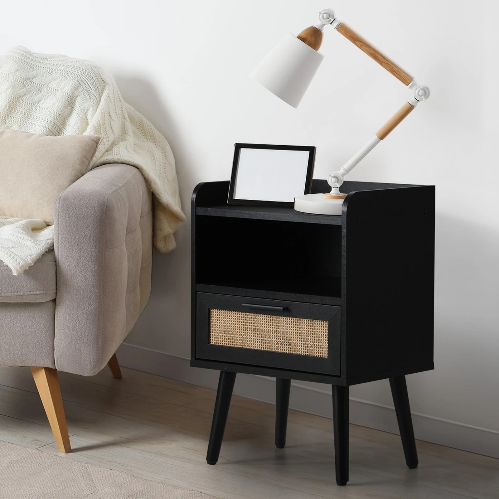 3 Oikiture 2X Bedside Table Drawer Side Table Storage Cabinet Nightstand Rattan - Black, 3 of 9