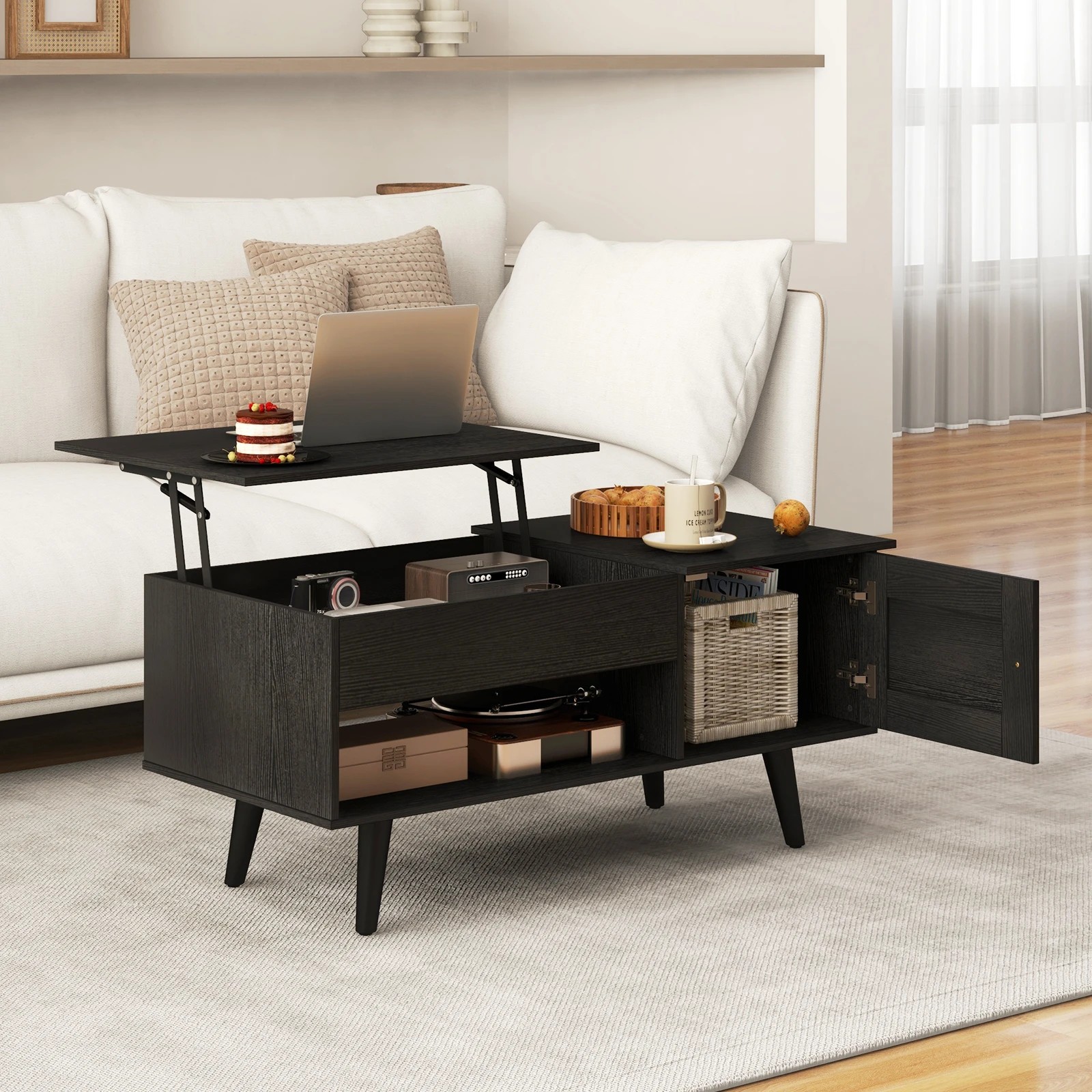 4 Costway Lift-Top Coffe Table Wooden Coffee Table Hidden Storage Cabinet - Black, 4 of 7