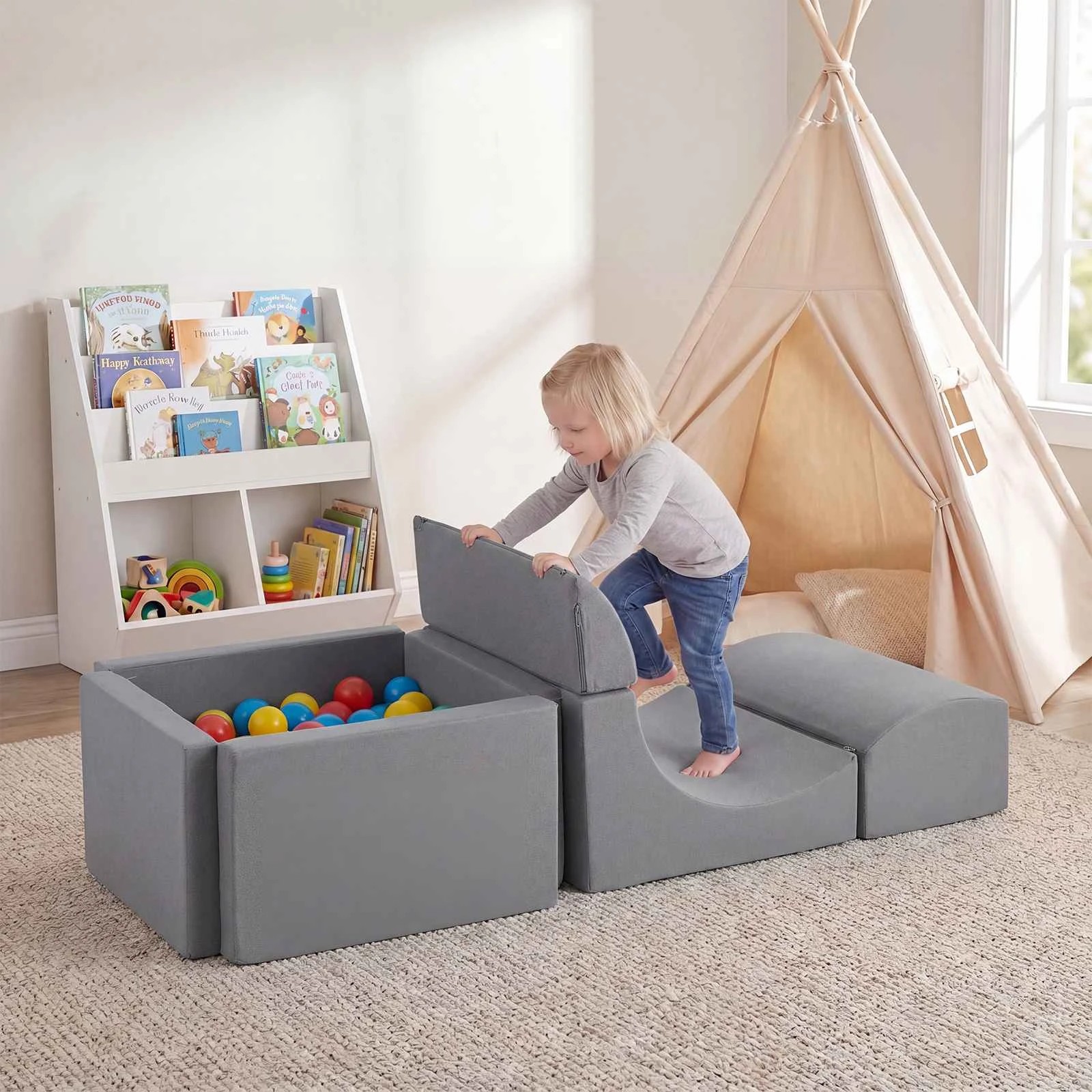 3 Costway Crawl & Climb Foam Play Set Climbing Blocks Playset Soft Toy w/Ball Pit - Grey, 3 of 3