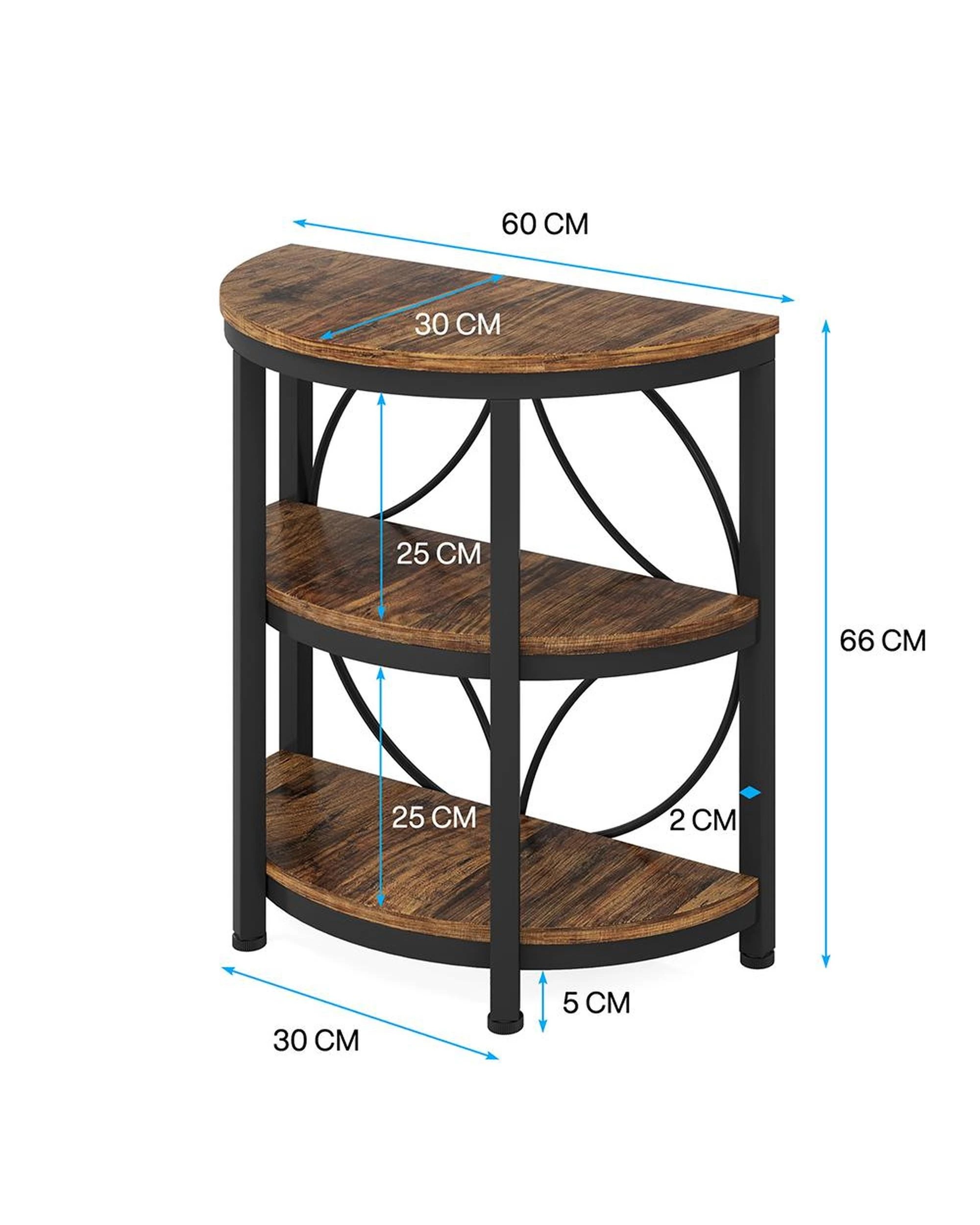 5 OAKORY Half-Round End Table, 3-Tier Narrow Side Table with Metal Frame, Rustic Brown Top, 5 of 8