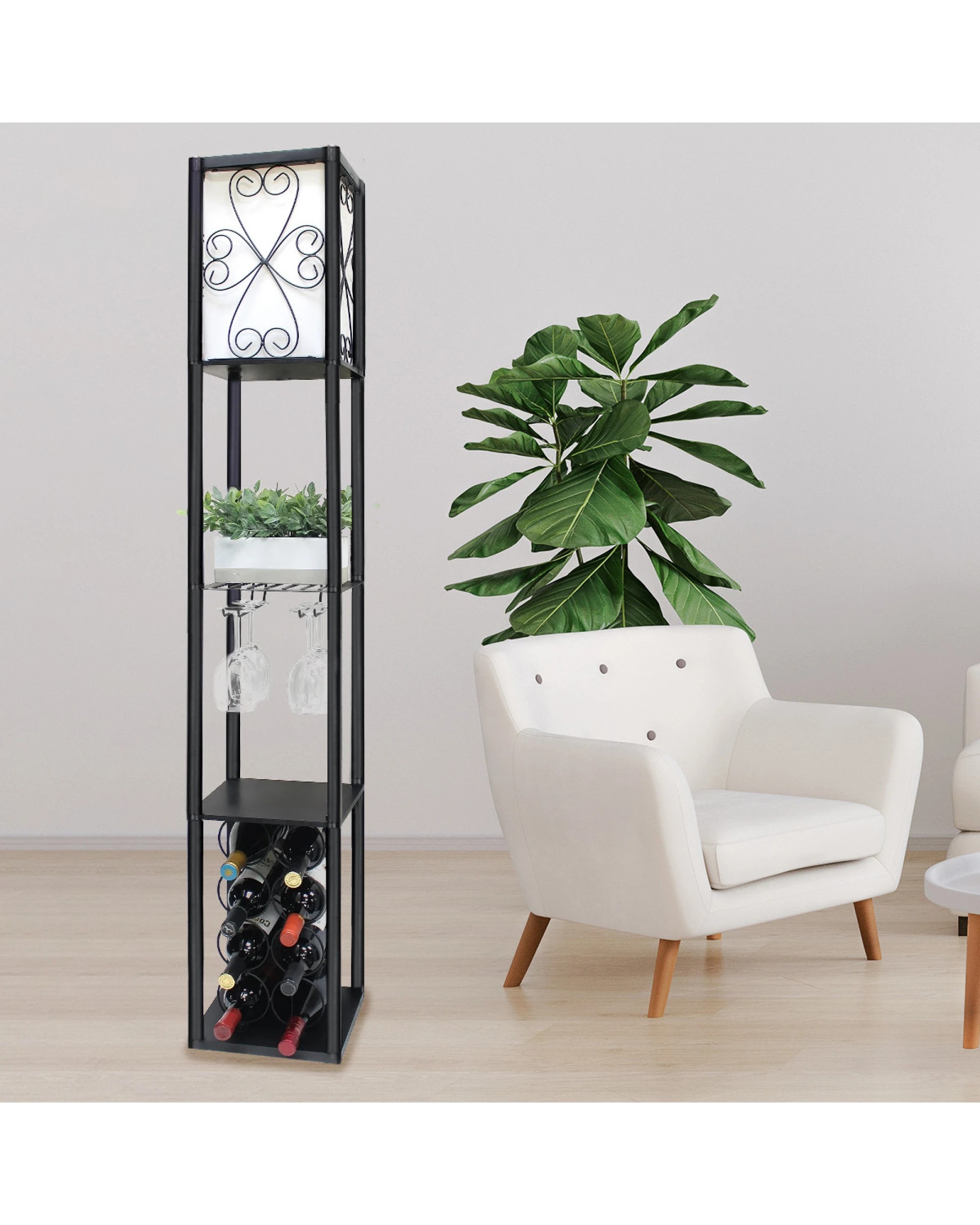 2 Sarantino Metal Etagere Floor Lamp With Wine Holder Shelf, 2 of 6