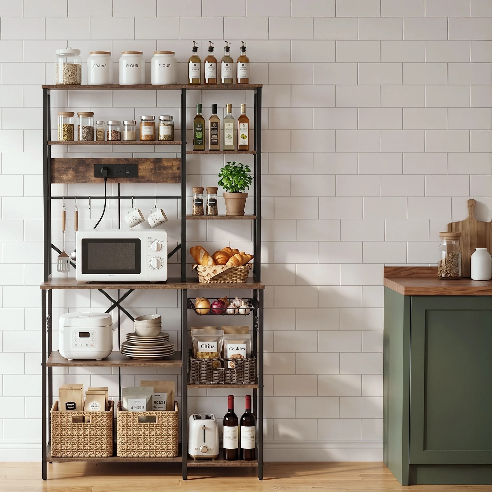 5 Artiss Kitchen Rack with Power Outlets Hooks Pull Out Basket 96CMX170CM Microwave Storage Shelf - Brown, 5 of 10