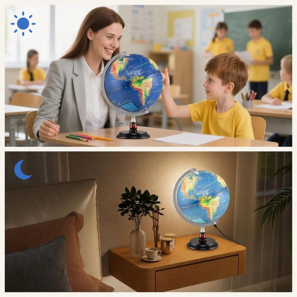 5 Costway 30CM Illuminated World Globe LED Night Light w/Raised Relief Time Zone Non-Slip Wooden Base - Blue, 5 of 7