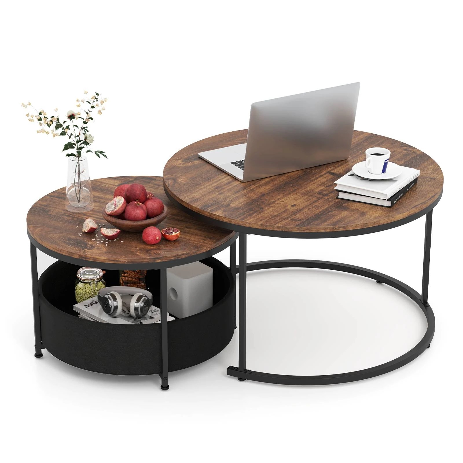 6 Costway 2 IN 1 Nesting Coffee Table Set of 2 w/Storage Round Sofa Side Table - Brown, 6 of 6