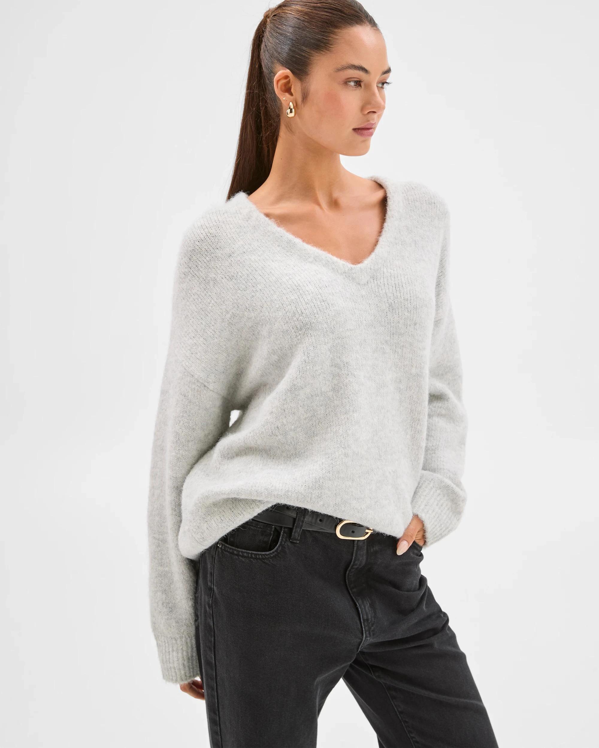 5 Lily Loves V-Neck Fluffy Knit Jumper SILVER MARLE, 5 of 8