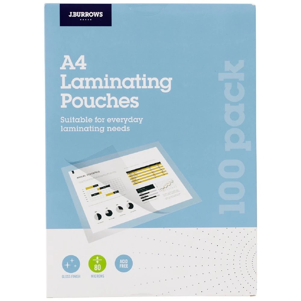 1 J.Burrows A4 Laminating Pouches Gloss 100 Pack, 1 of 3
