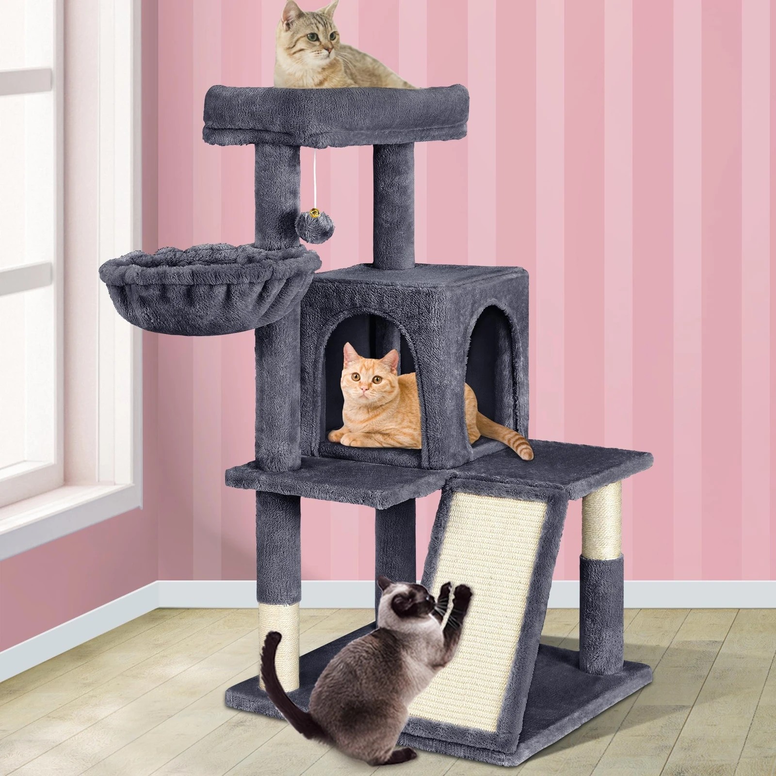 2 Beastie Cat Tree Scratching Post Scratcher Tower Condo House Furniture Wood 100cm - Grey, 2 of 7
