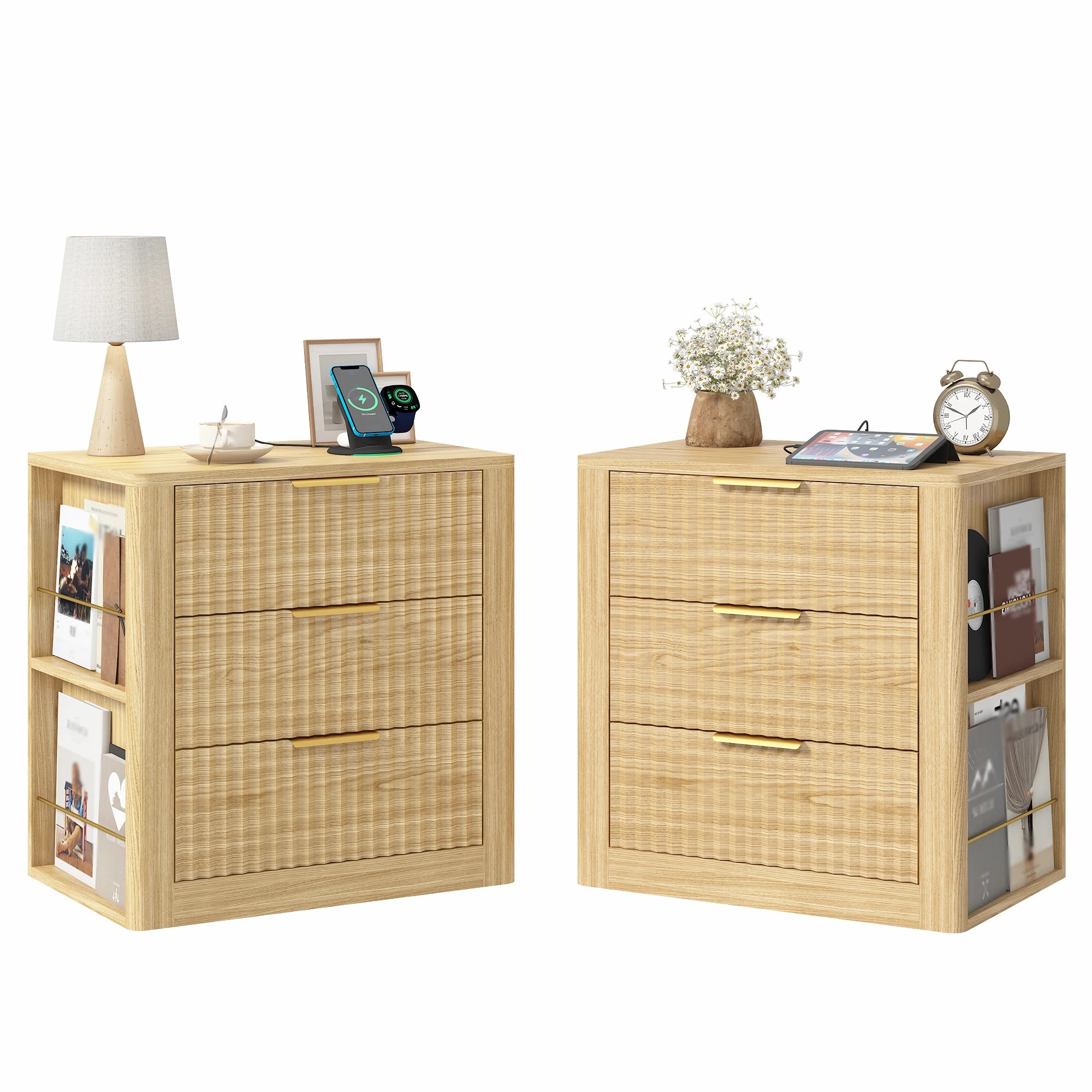Advwin Set of 2 Fluted Bedside Table with 3 Drawers Metal Handles ...