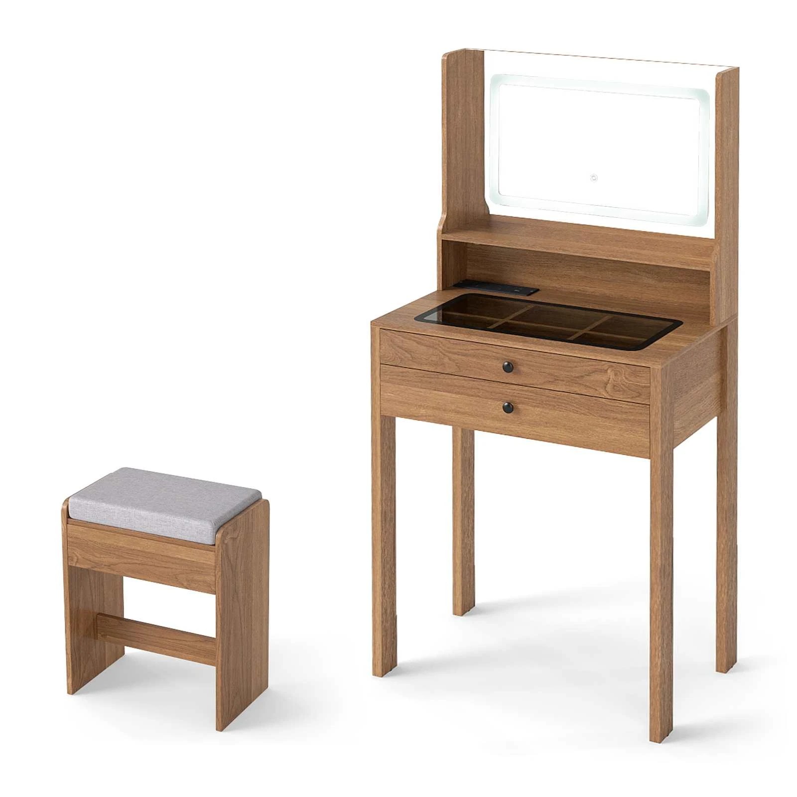 1 Costway Vanity Desk Set Tempered Glass Top Dressing Table Stool w/Power Outlets, 1 of 4