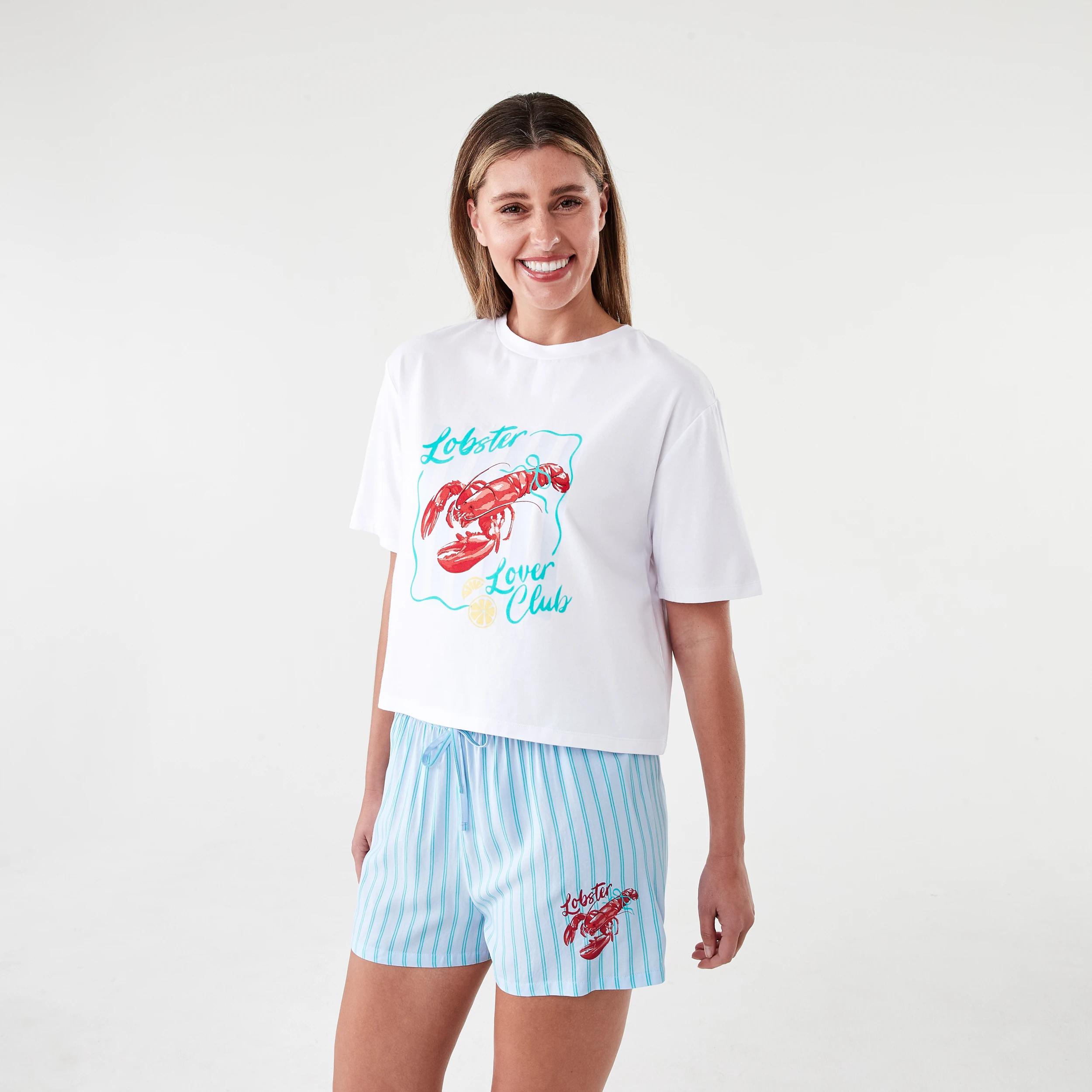 2 Print Knit T-shirt and Woven Shorts Pyjama Set Lobster, 2 of 8