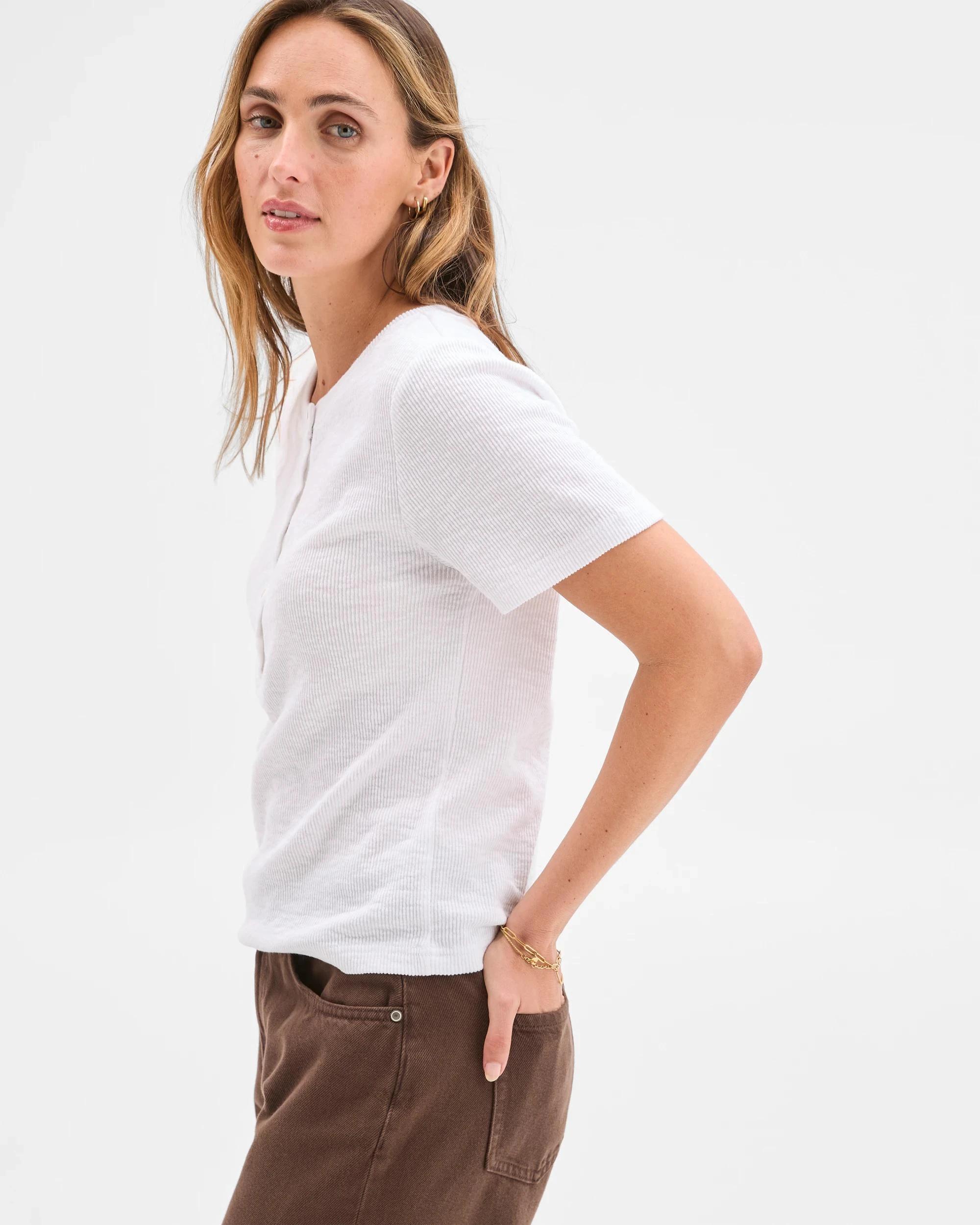 3 Target Woman Australian Cotton Blend Textured Rib Henley T-Shirt WHITE, 3 of 5