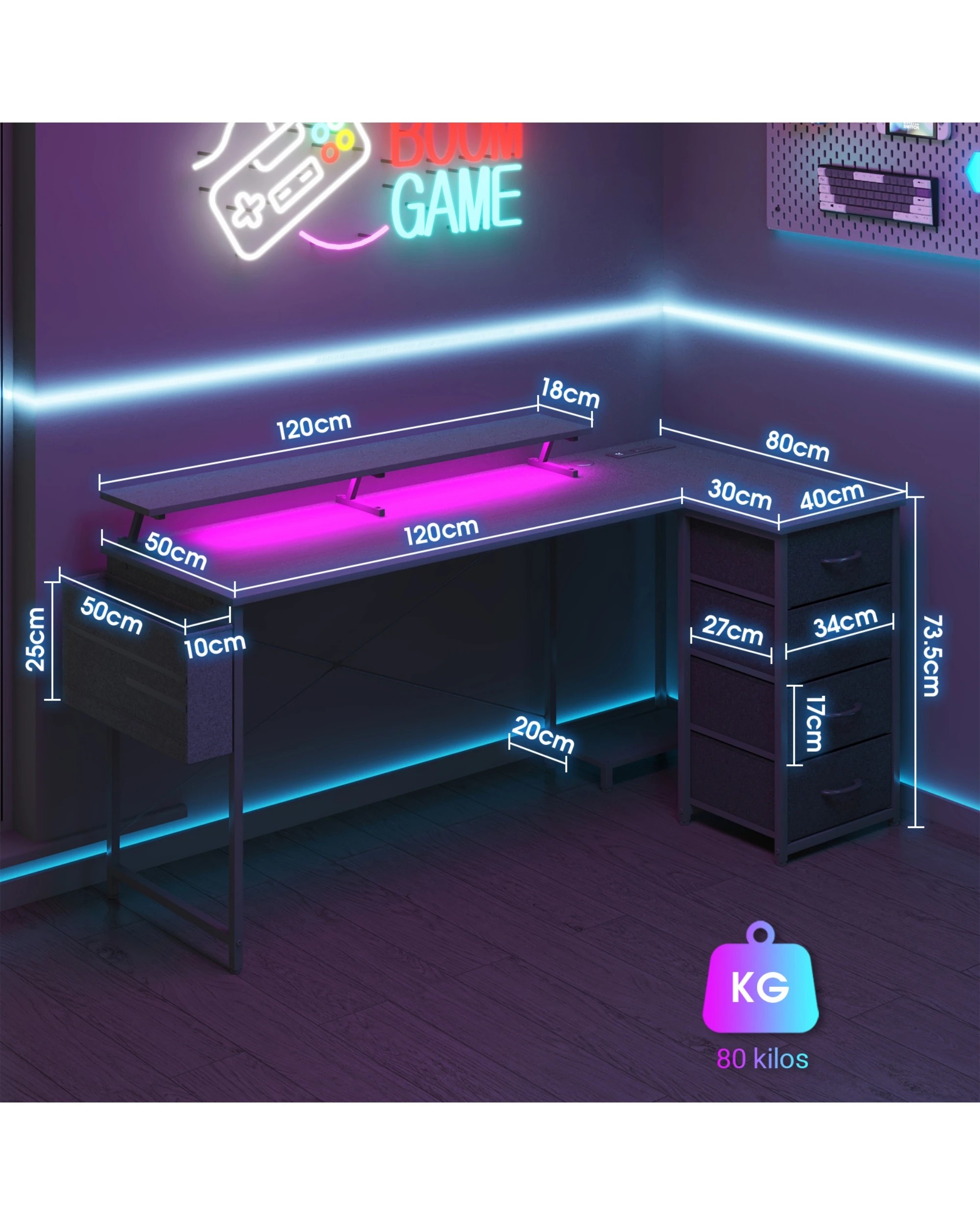 3 Advwin 160cm L Shaped Gaming Desk With Led Lights & Power Outlets Convertible Computer Desk With Monitor Stand - Black, 3 of 6