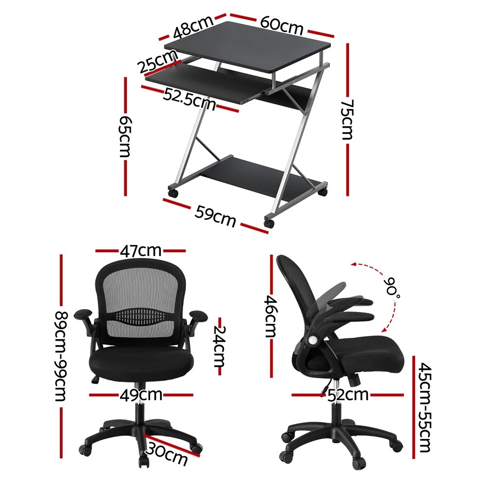 2 Artiss Computer Desk Mesh Office Chair Set Desks with Keyboard Shelf Try - Black, 2 of 6