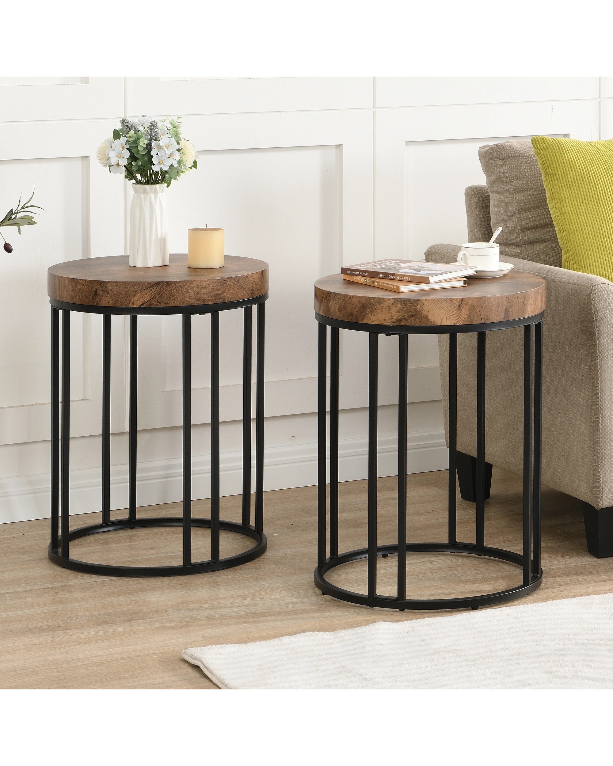 2 IHOMDEC Round Side Table MDF Top with Metal Frame  Set of 2, 2 of 5