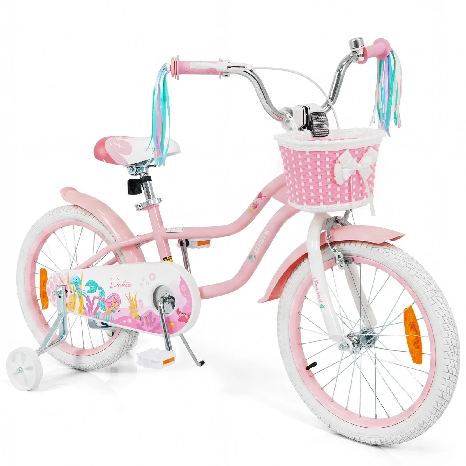 1 Costway 46cm Kids Bike Adjustable Seat Bicycle Mermaid Children Balance Bike w/Training Wheels - Pink, 1 of 3
