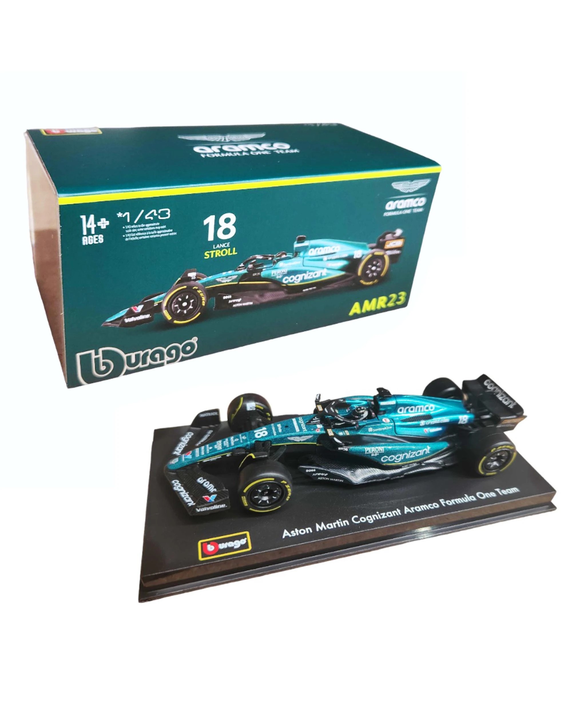 1 Bburago Racing F-1 2023 Aston Martin AMR23 #18 Lance Stroll with Helmet 1:43 Scale Diecast Vehicle, 1 of 3