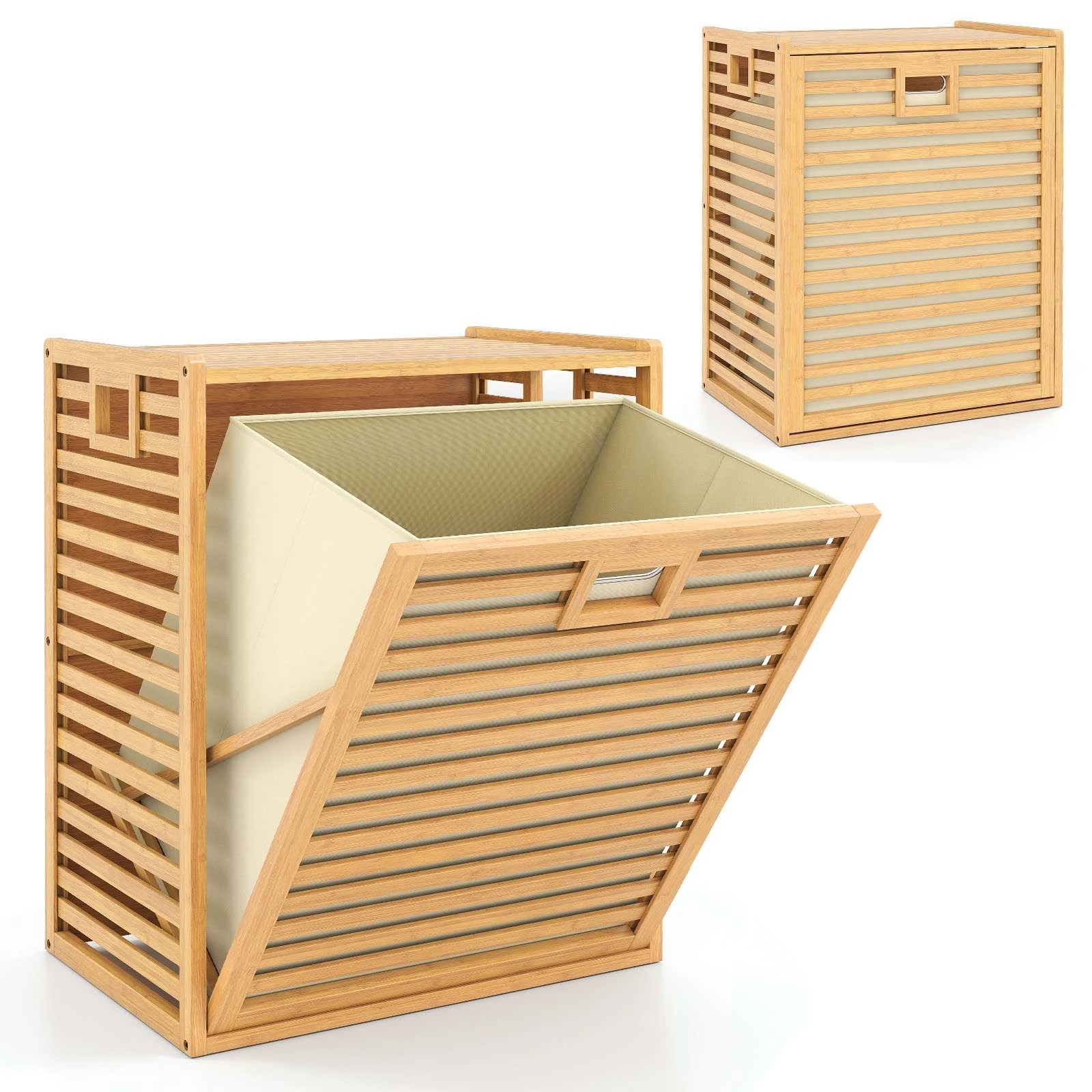 1 Costway 68L Bamboo Laundry Hamper w/Removable Bin Tilt-Out Design, 1 of 4