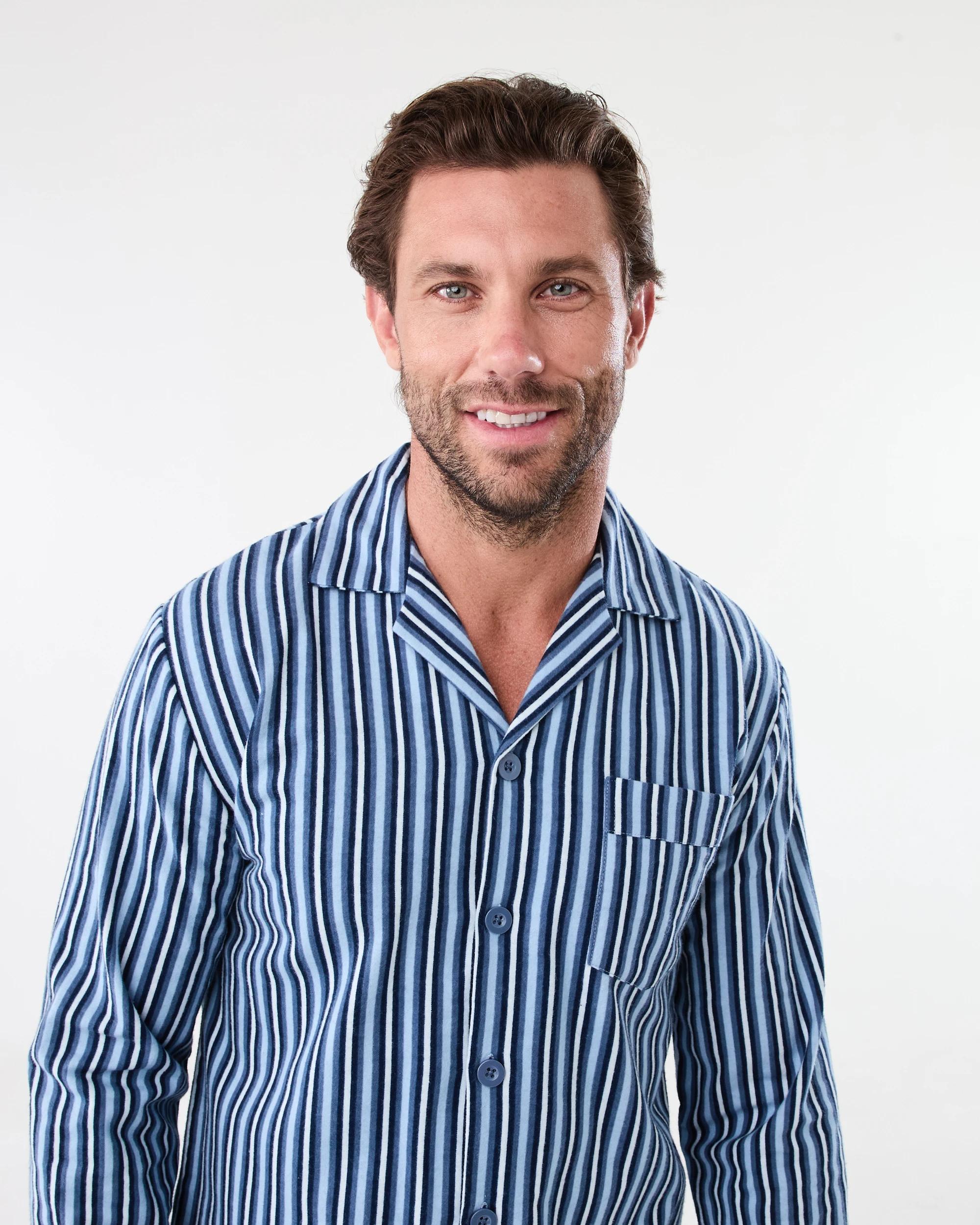 4 Print Flannel Pyjama Set Blu Stripe, 4 of 8