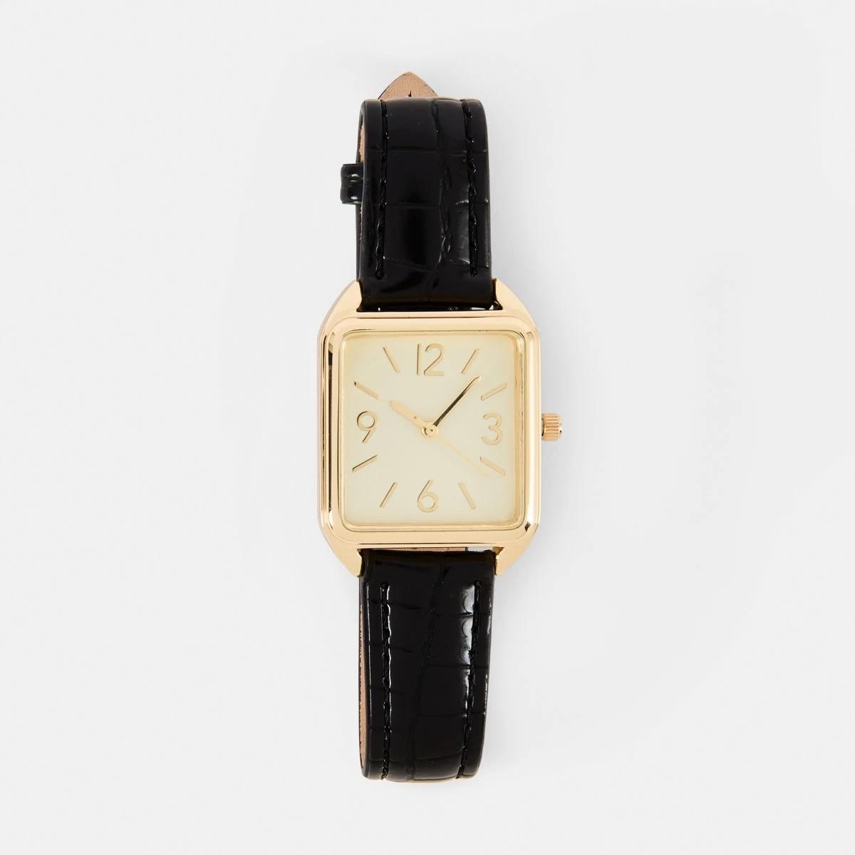 1 Womens Square PU Watch - Black and Gold Tone Black, 1 of 6