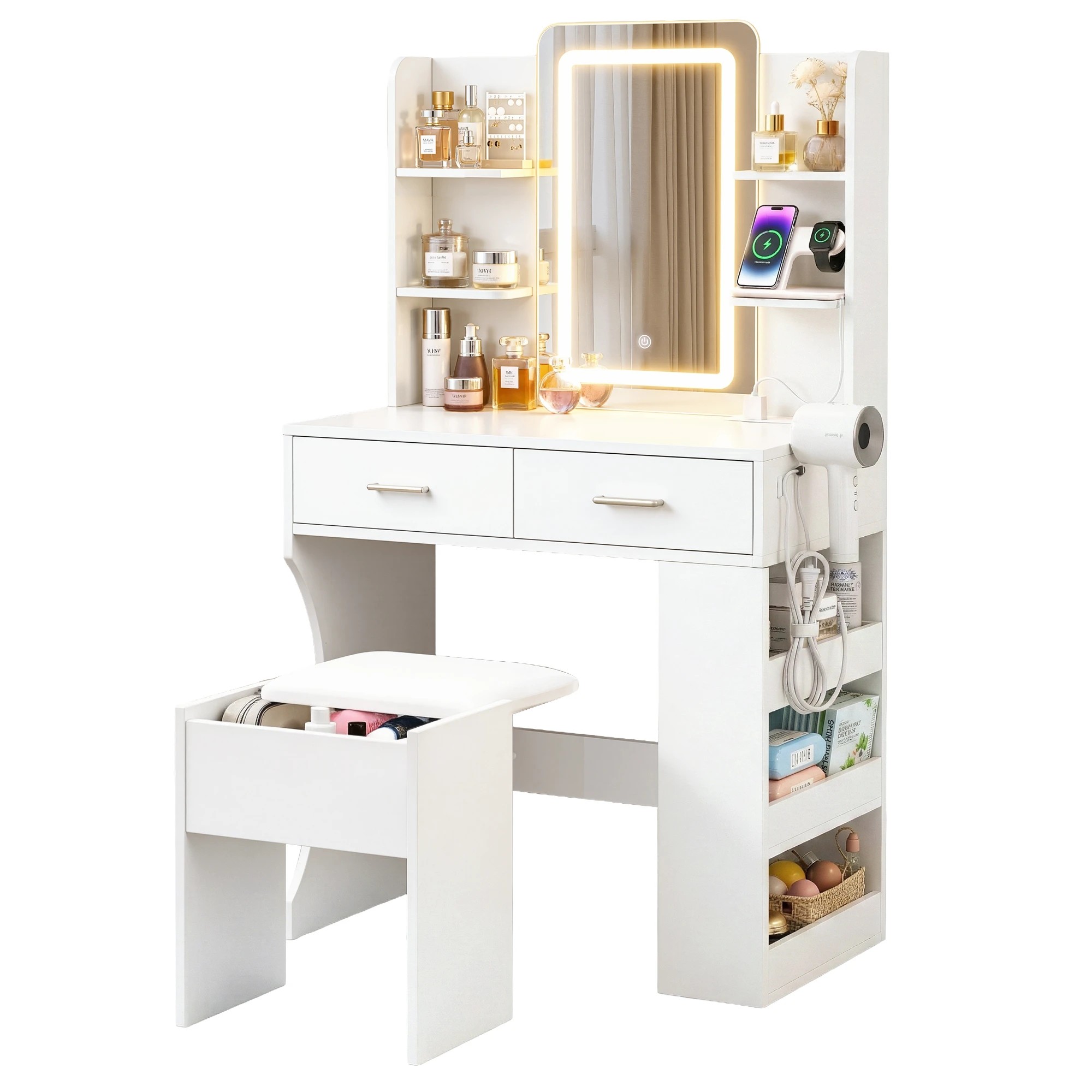 1 Artiss Dressing Table LED Vanity Desk Set Stool - White, 1 of 3