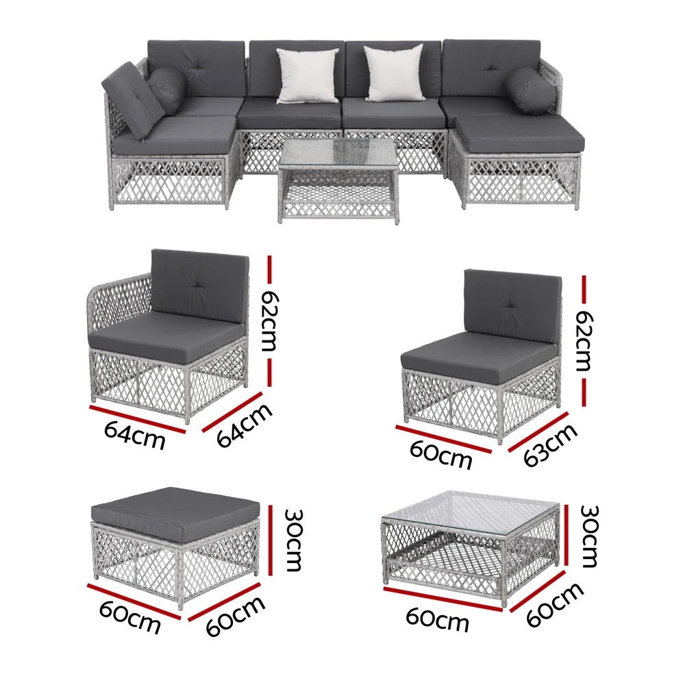 2 Gardeon 6 Seater Outdoor Sofa Set 7PCS Table Chair Set Garden Rattan Patio - Grey, 2 of 6