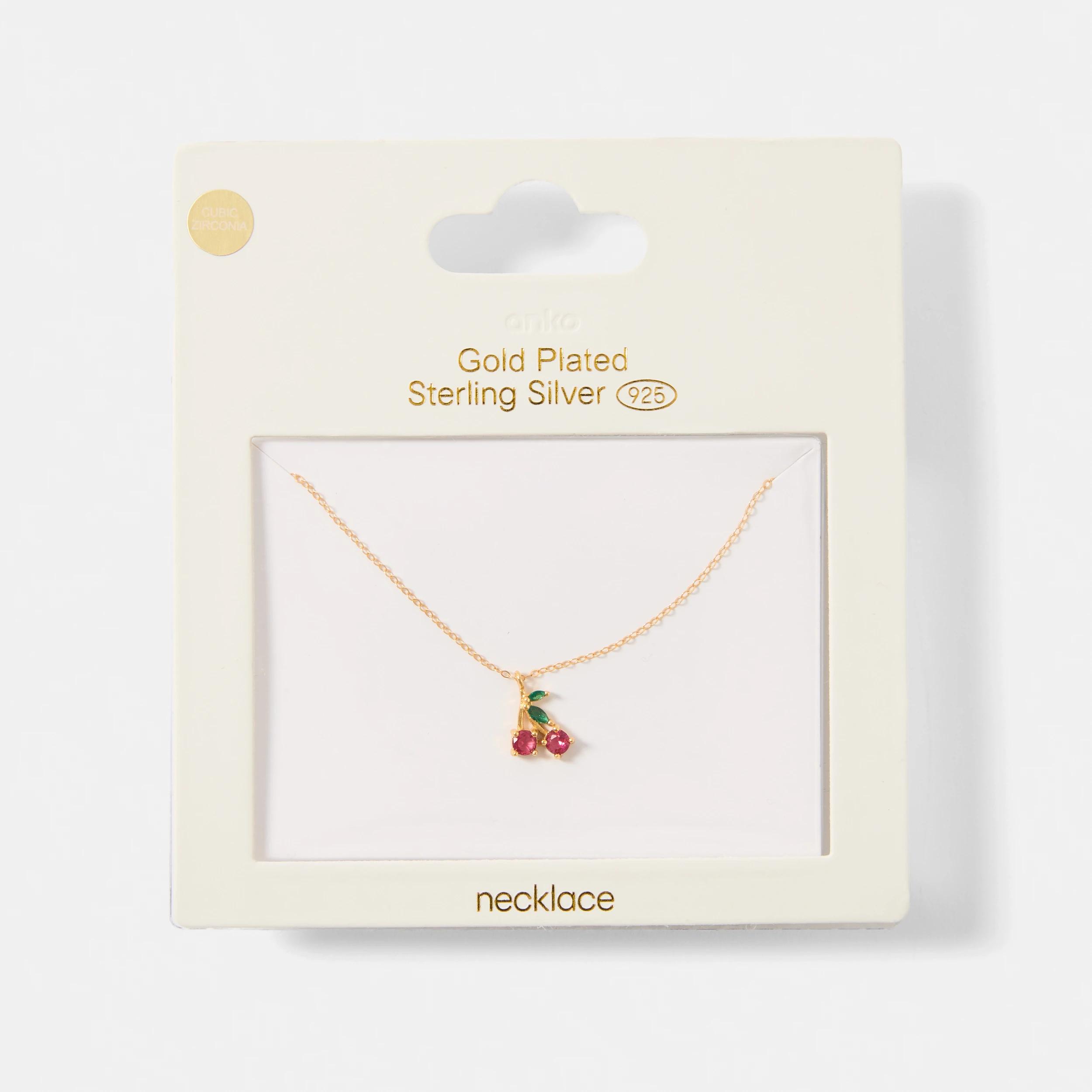 4 Gold Plated Sterling Silver Cherry Necklace - Green, Red and Gold Tone Gold, 4 of 4