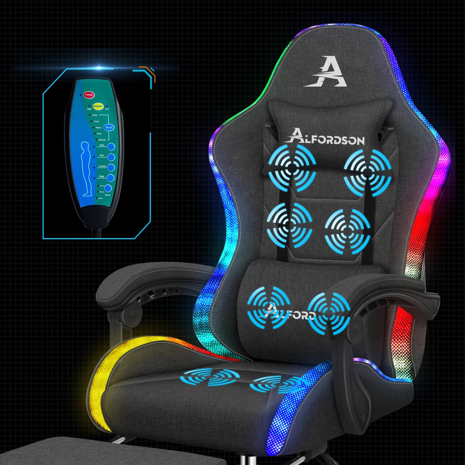 4 Alfordson Gaming Chair Office Massage 12 RGB LED Computer Seat Fabric - Dark Grey, 4 of 10