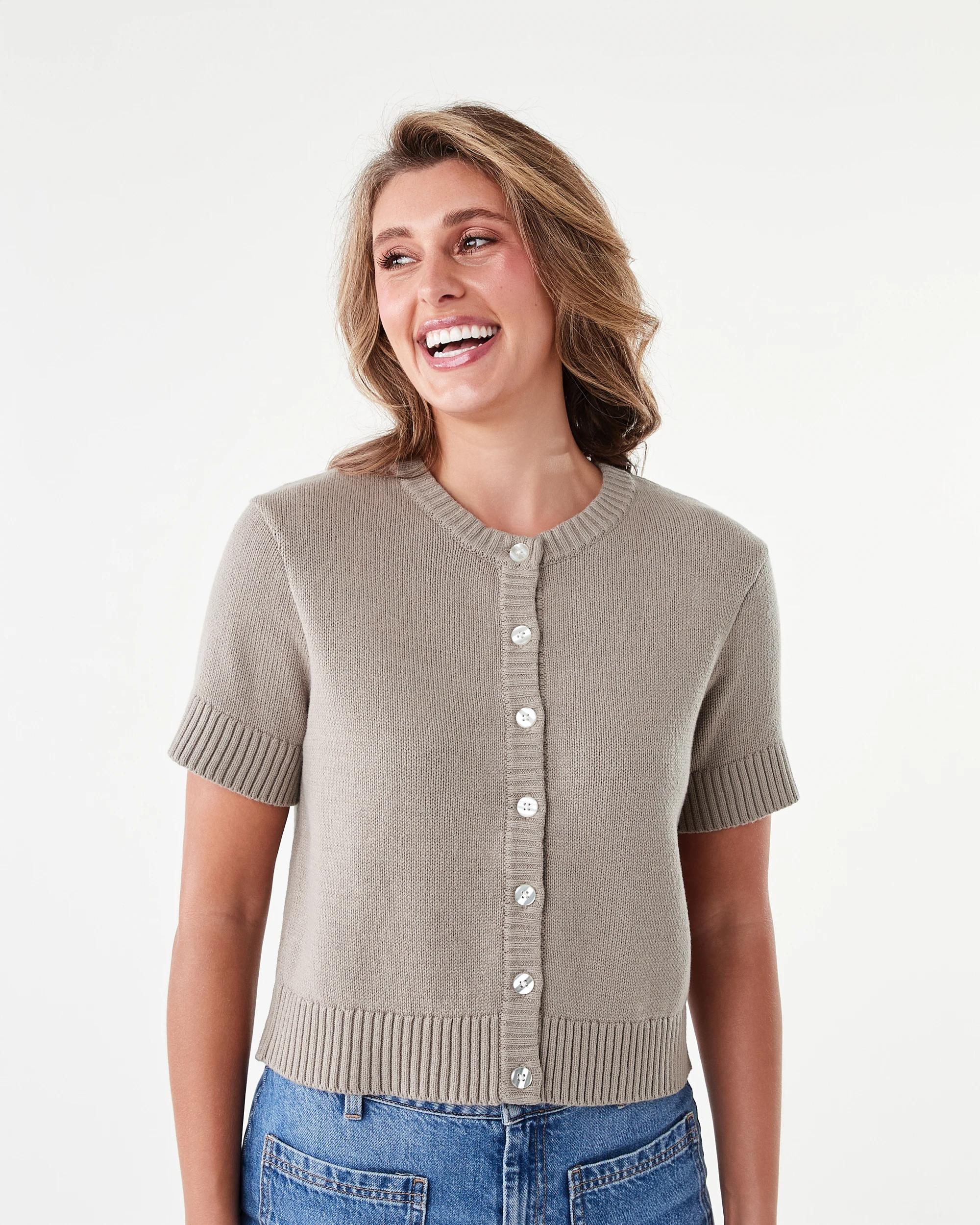 1 Short Sleeve Button Up Cardigan Grey Taupe, 1 of 7