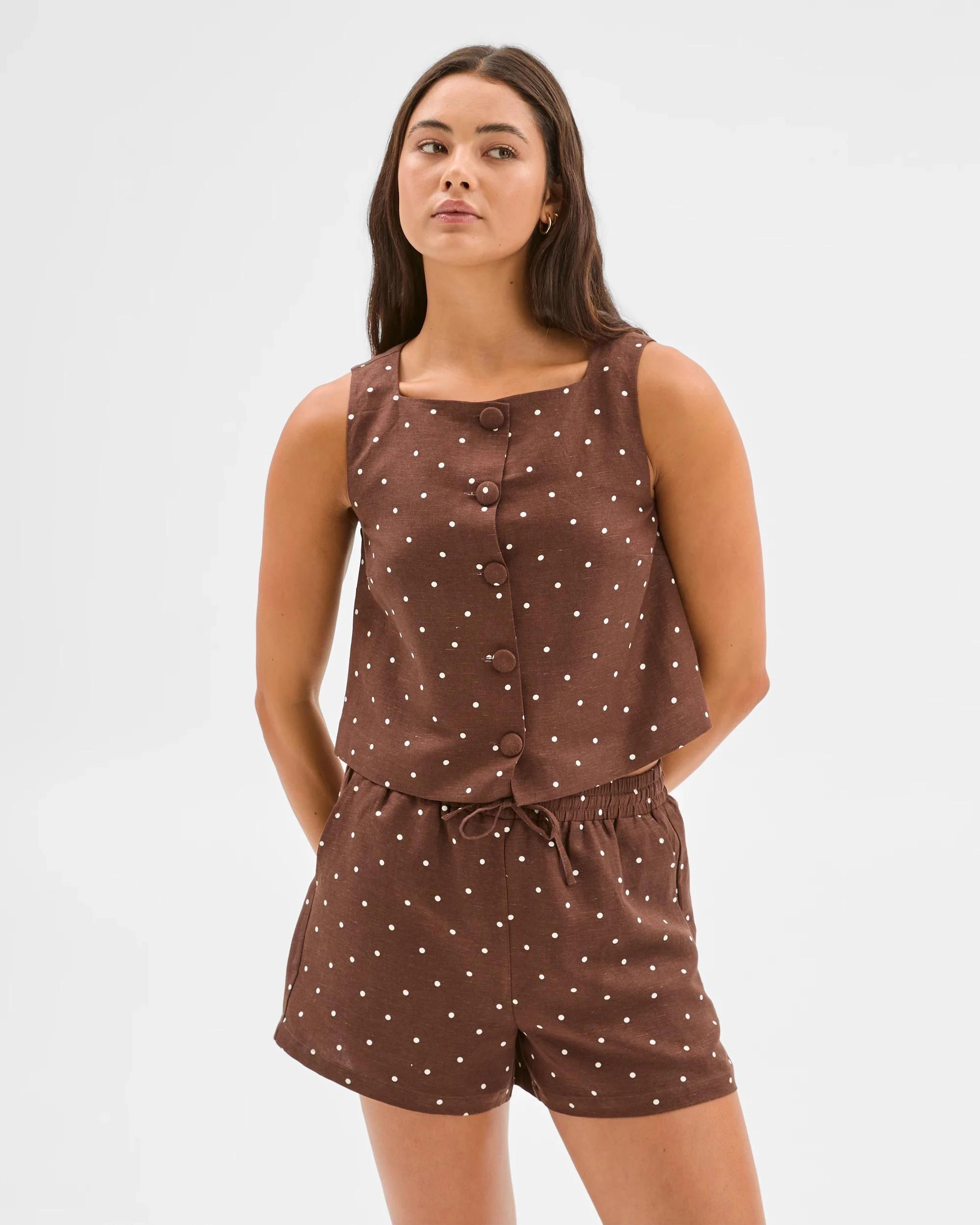 3 European Linen Blend Pull On Shorts - Lily Loves ESPRESSO/IVORY SPOT, 3 of 7