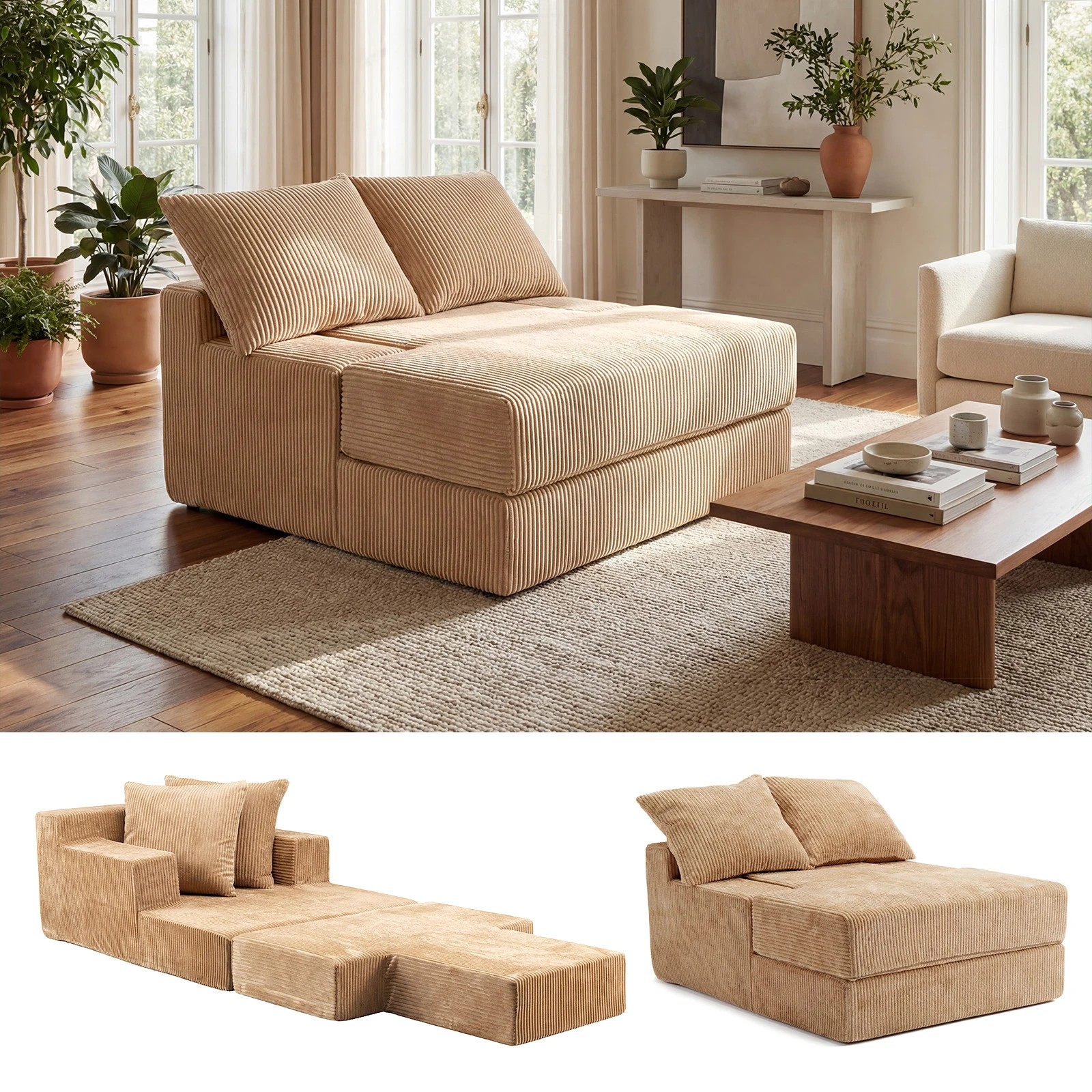 2 Costway Folding Sofa Bed Floor Couch 2Pillow Coral Fleece Convertible Sleeper Chair w/Back - Beige, 2 of 3