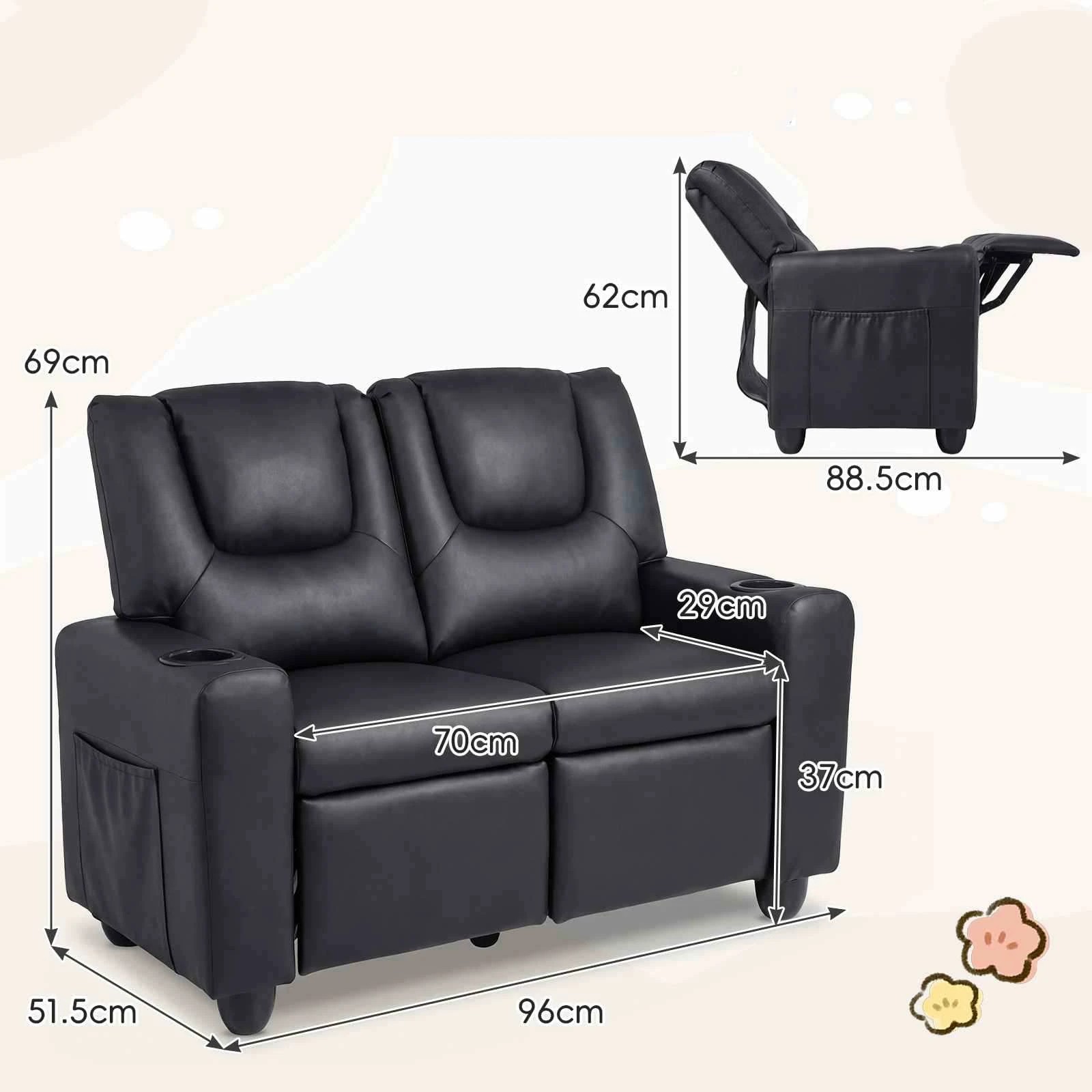 2 Costway 2-Seater Recliner Chair Double Sofa Adjustable Couch PU Leather - Black, 2 of 3