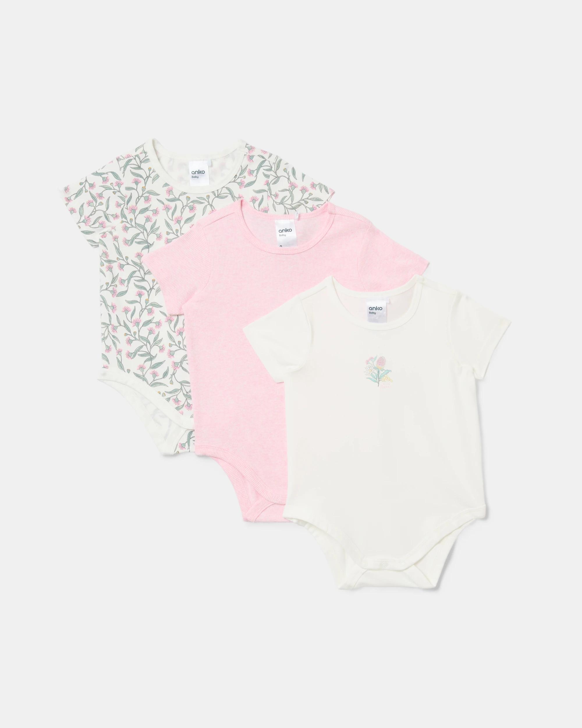 1 3 Pack Short Sleeve Print Bodysuits Aus Floral, 1 of 2