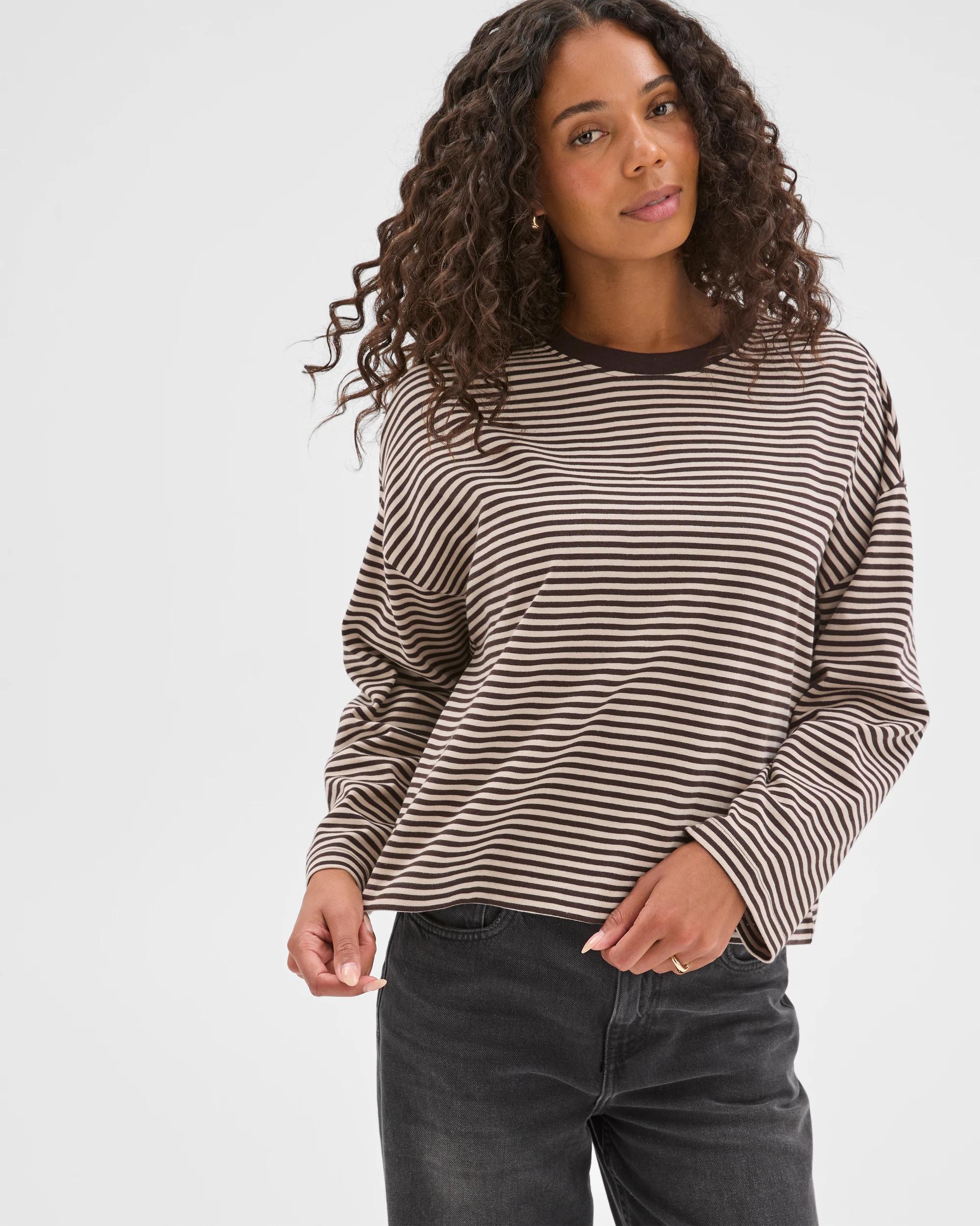 2 Target Woman Australian Cotton Long Sleeve Heavyweight Oversized T-Shirt BRUNETTE/BIRCH STRIPE, 2 of 7