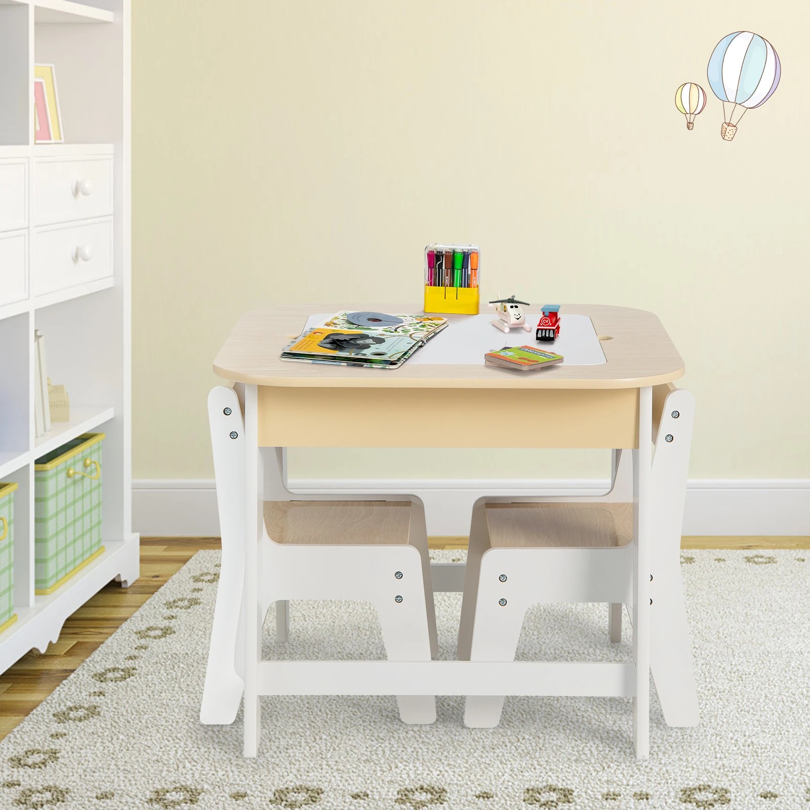 5 Costway Double-Sided Kids Drawing Table & Chairs Set - Natural, 5 of 6