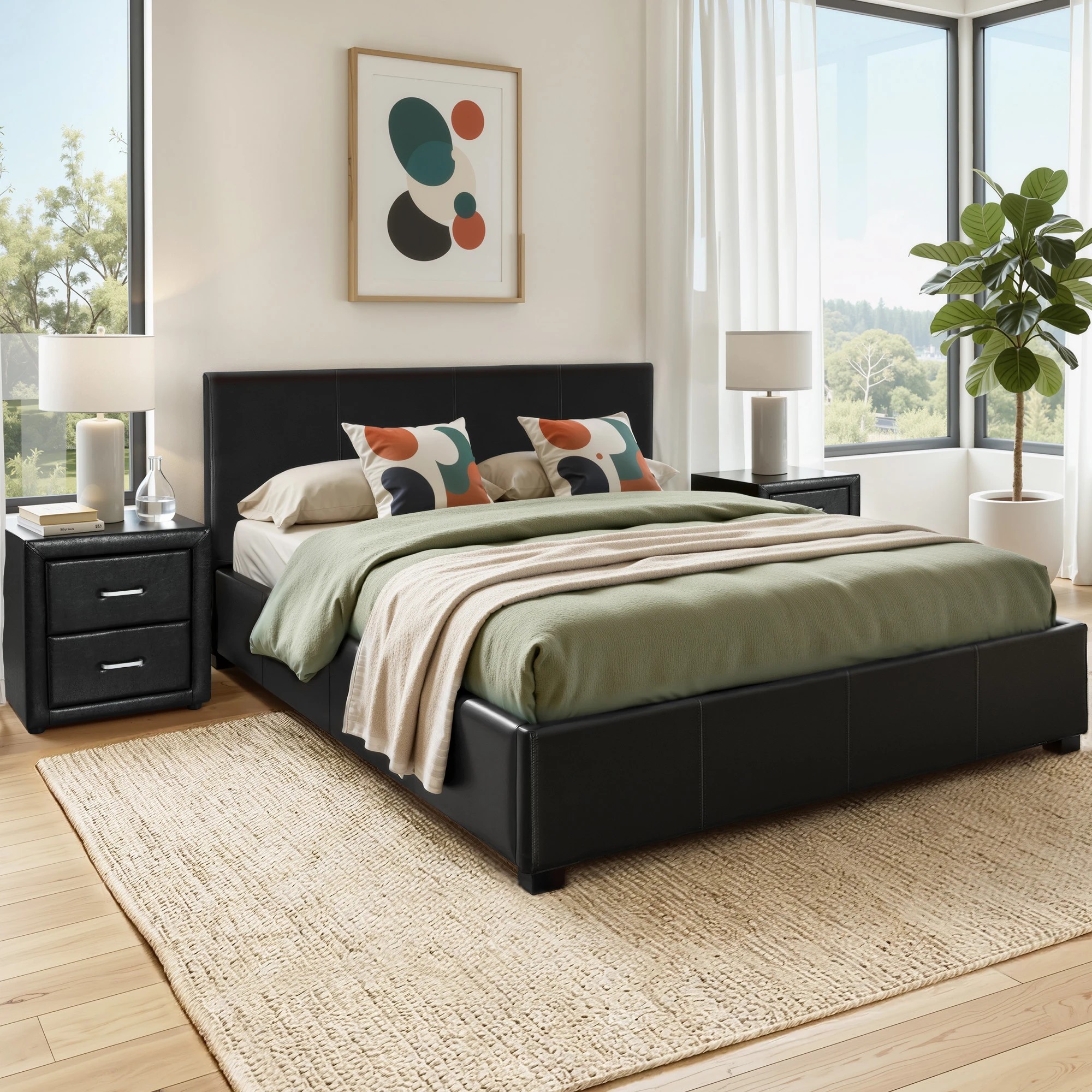 9 Artiss Gas Lift Queen Bed Frame and Bedside Table Set Leather - Black, 9 of 9