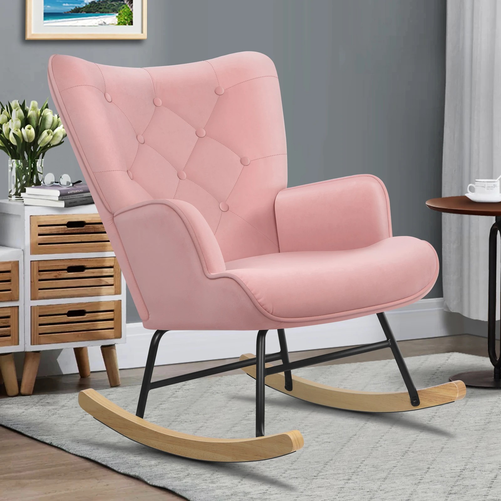 5 Alfordson Rocking Chair Armchair Accent Feeding Chair Lounge Tufted Sofa - Pink, 5 of 10
