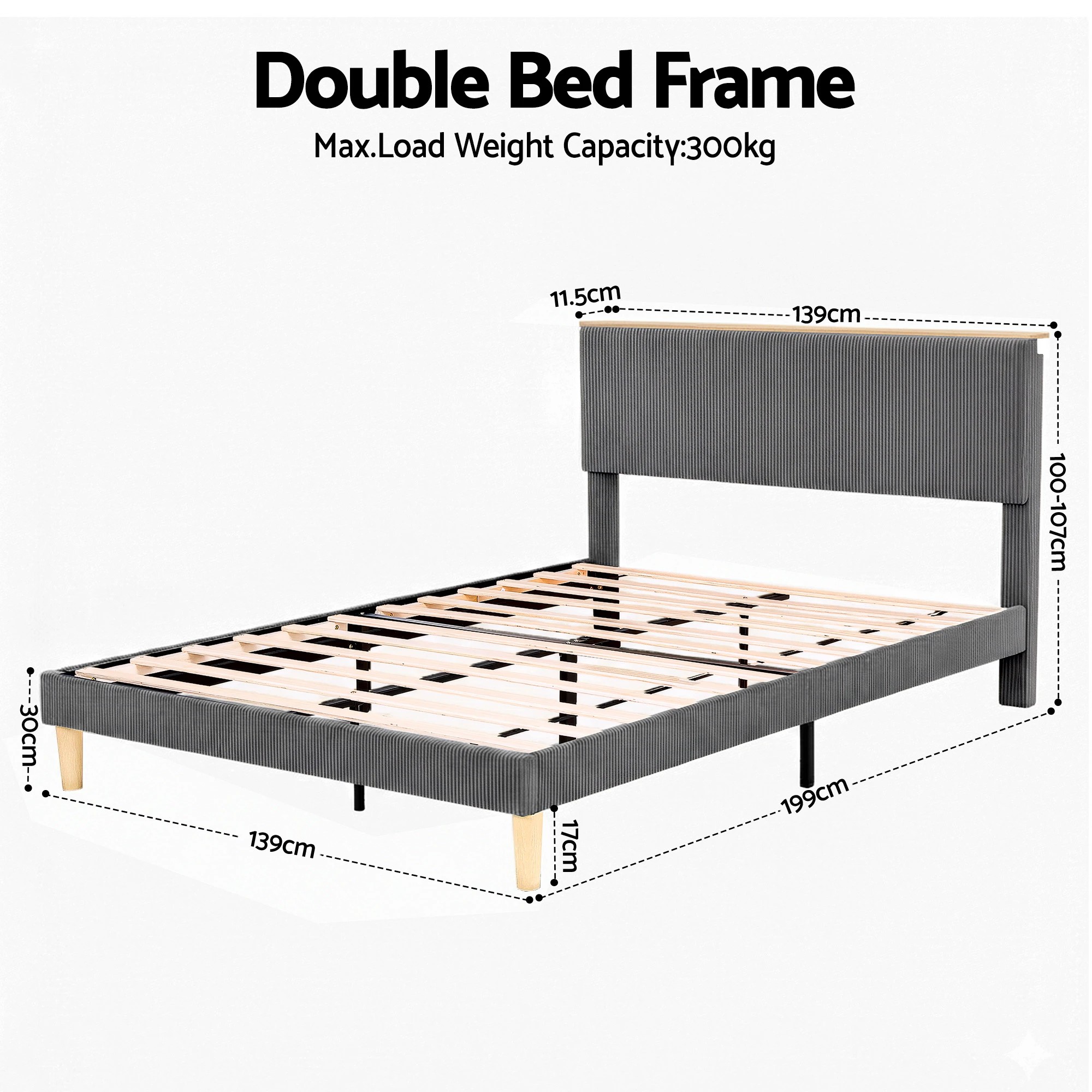 2 Artiss Double Bed Frame Upholste Adjustable Headboard Mood Lighting Corduroy - Grey, 2 of 2