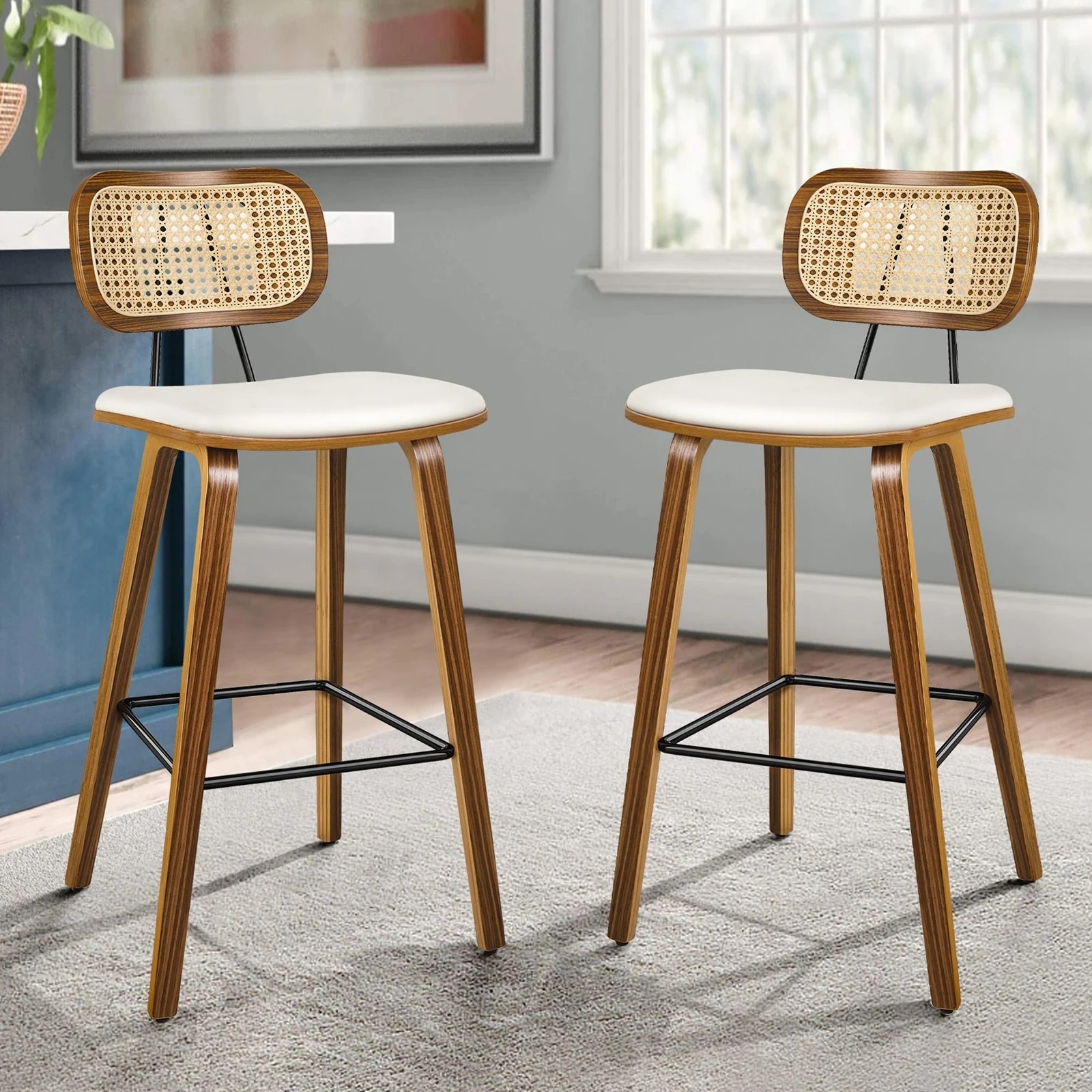 8 Alfordson 2x Bar Stools Kitchen Vintage Leather Seat Rattan Chair Wooden - White, 8 of 9