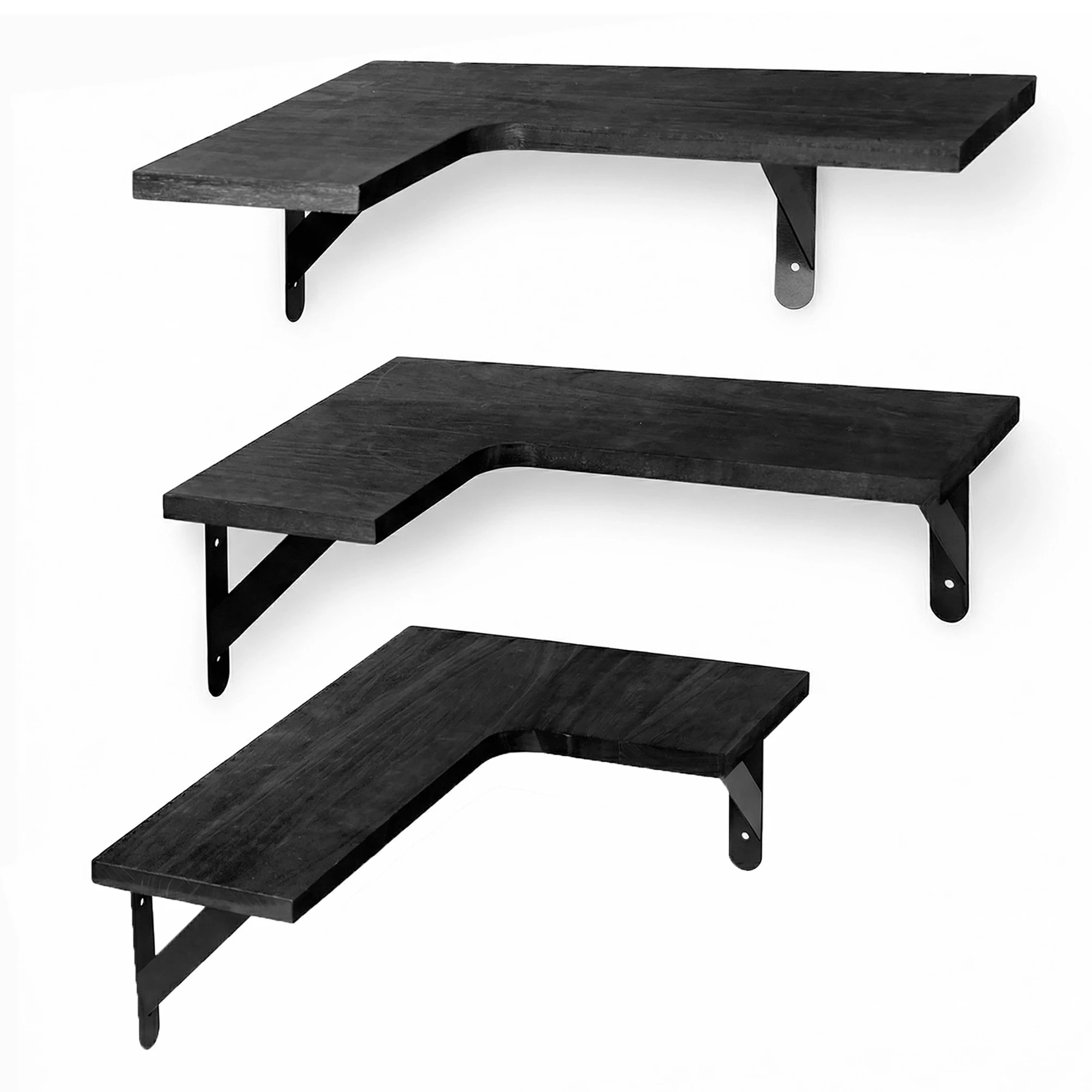 2 Levede Wooden Corner Floating Shelves Wall Mounted 3 Sets - Black - Black, 2 of 5